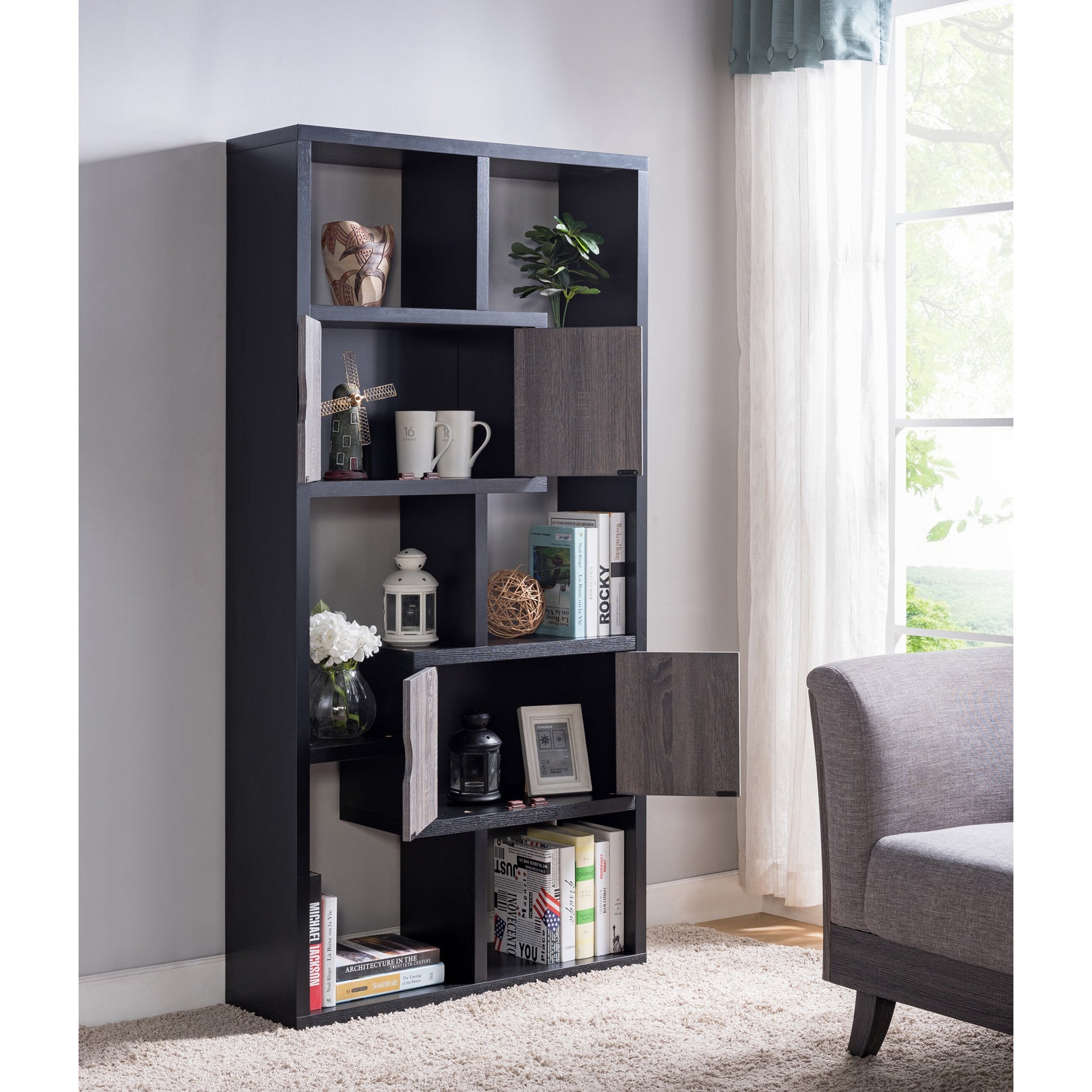 Two Toned Display Cabinet, Two Door Bookcase Six Shelves In Black & Distressed Grey Black Particle Board