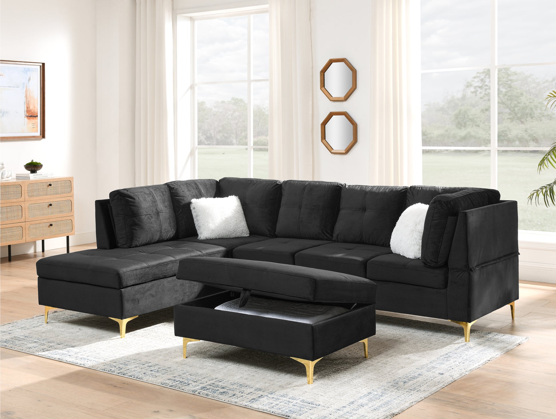 103" Velvet Sectional Sofa, L Shape Corner Couch With Storage Ottoman For Living Room, Black Fabric, Pocket Coil Spring In Seats, Chaise Face Left Black Velvet Wood Primary Living Space Medium Soft Pillow Back Classic L Shaped Pillow Top Arms Foam Velvet