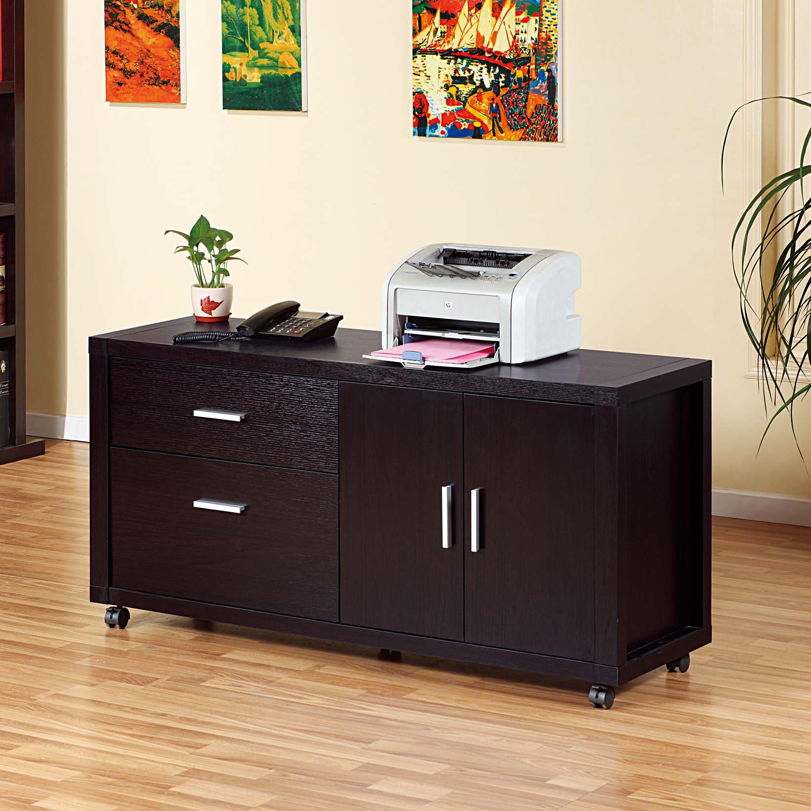 Office File Credenza, Work Office Printer Cabinet With Storage Drawers And File Cabinet, Red Cocoa Espresso Particle Board