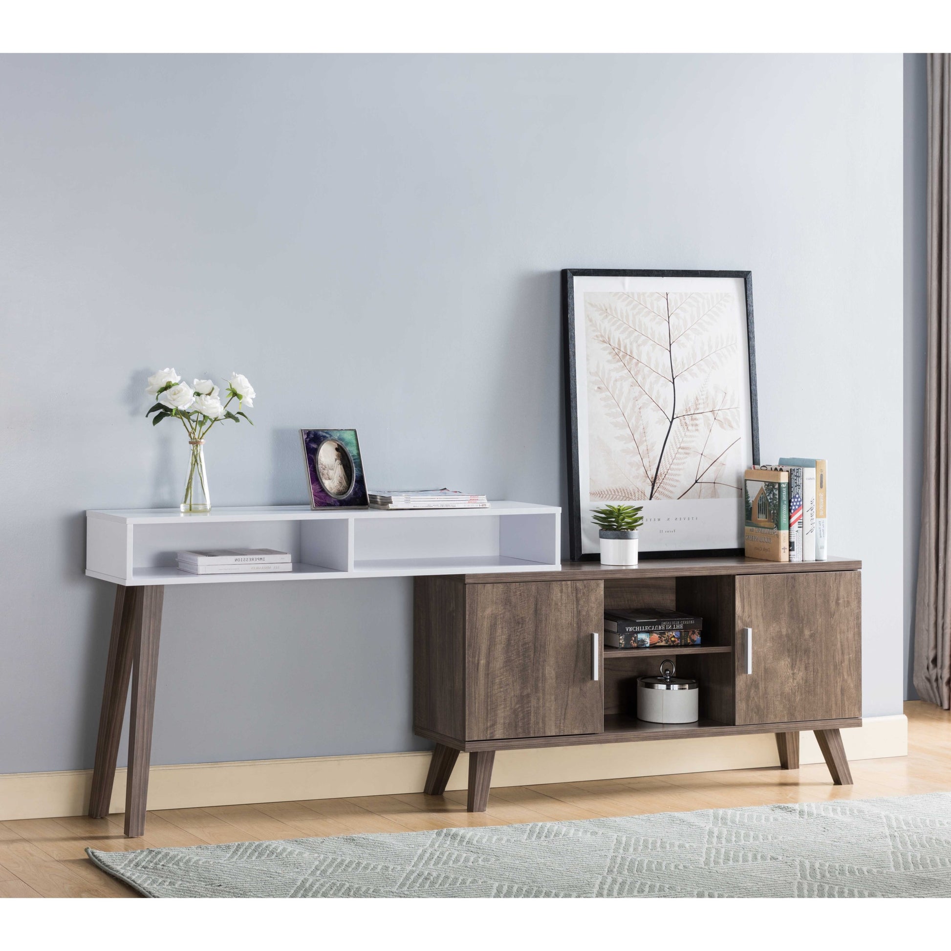 Home Entryway Console Table With Multi Storage Compartments, Display Cabinet, Hazelnut & White Caramel Particle Board