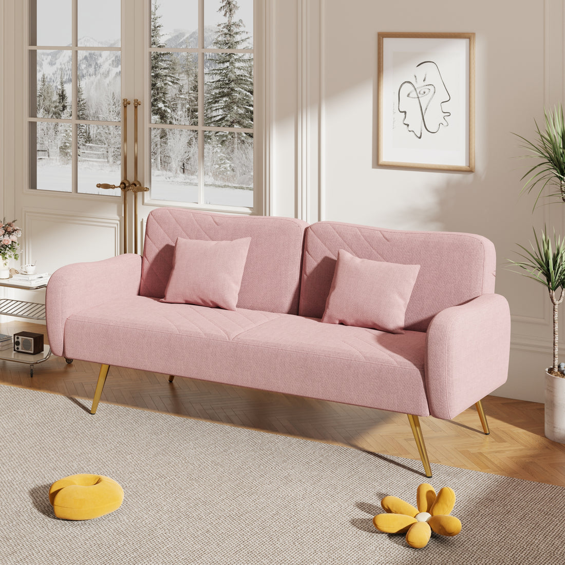70.47" Pink Fabric Double Sofa With Split Backrest And Two Throw Pillows,Suitable For Living Room, Apartment, Home Office Pink Wood Primary Living Space Eucalyptus Square Arms Foam Fabric 2 Seat