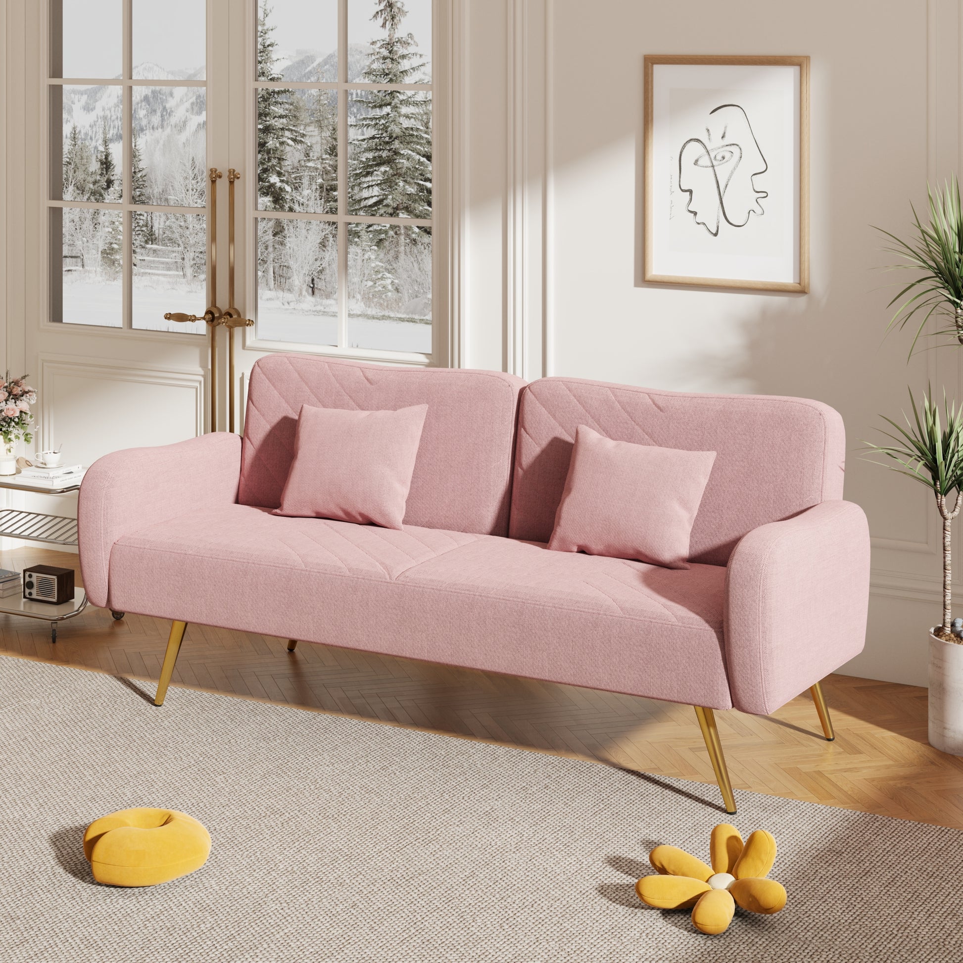 70.47" Pink Fabric Double Sofa With Split Backrest And Two Throw Pillows,Suitable For Living Room, Apartment, Home Office Pink Wood Primary Living Space Eucalyptus Square Arms Foam Fabric 2 Seat