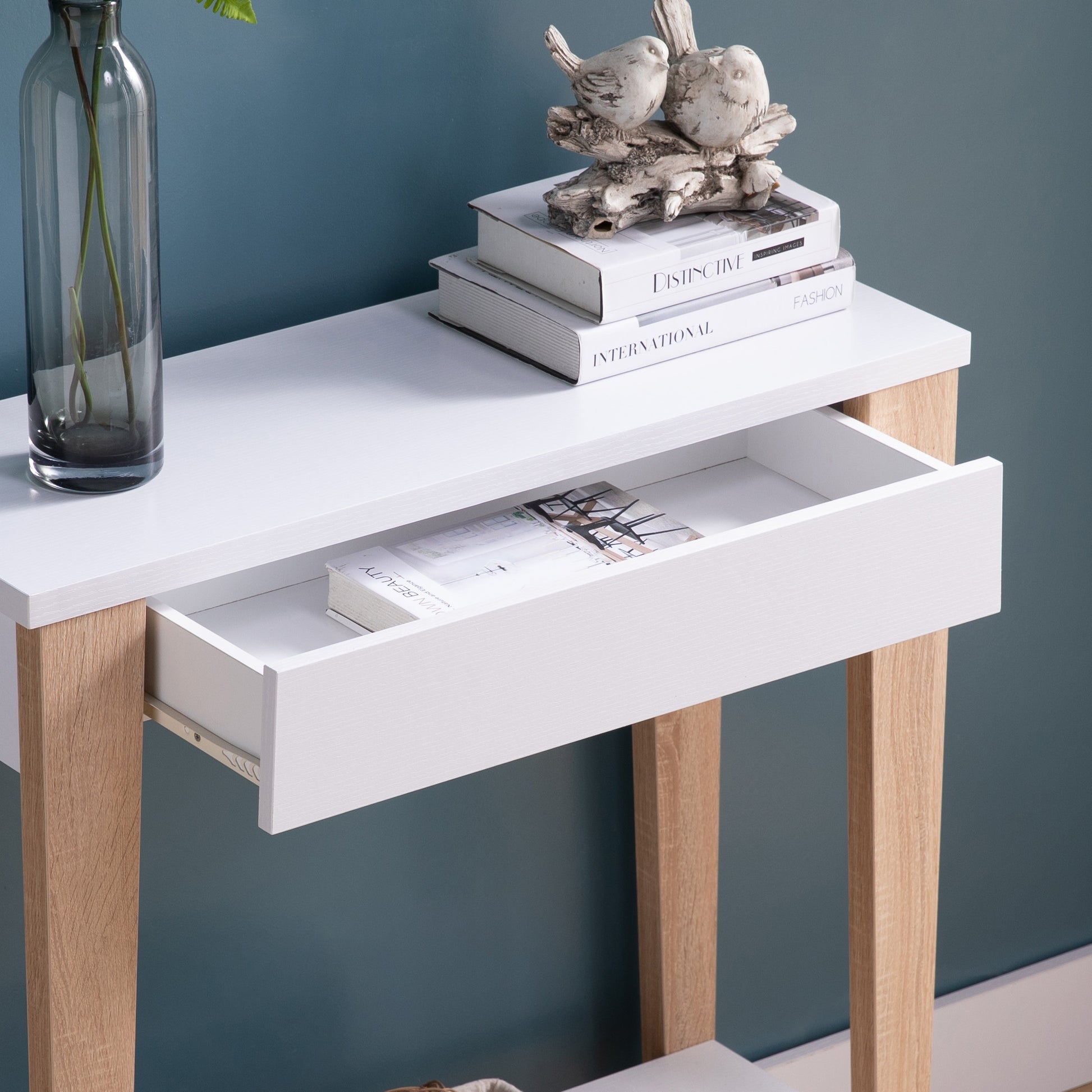 Modern Two Toned Console With Two Shelves White And Tan White Particle Board