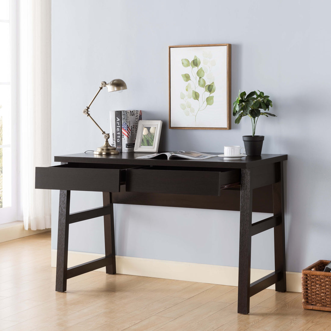 Modern Writing Desk, Home Study Desk With Two Drawers Red Cocoa Espresso Particle Board