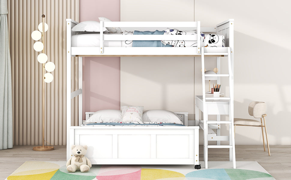 Full Over Full Bunk Bed With Desk, White White Solid Wood Mdf