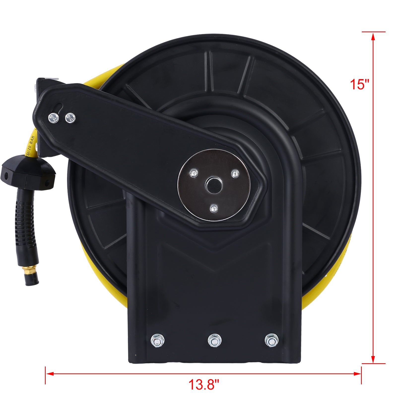 Air Reel Retractable 3 8" Inch X 50' Feet Premium Commercial Flex Hybrid Polymer Hose Max 300 Psi Heavy Duty Steel Frame Black Steel