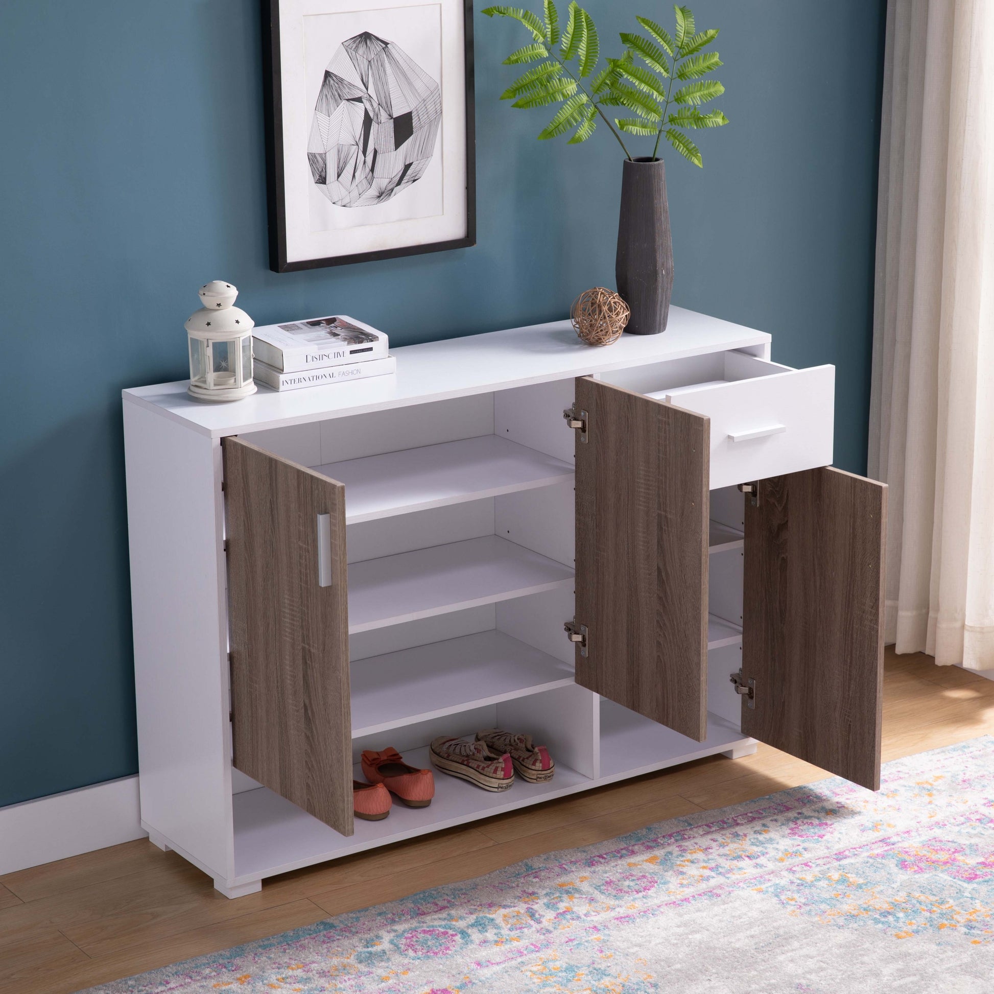 Shoe Storage Cabinet For 17 Pairs, Bedroom Cabinet With Drawer & Doors, White & Dark Taupe White Particle Board