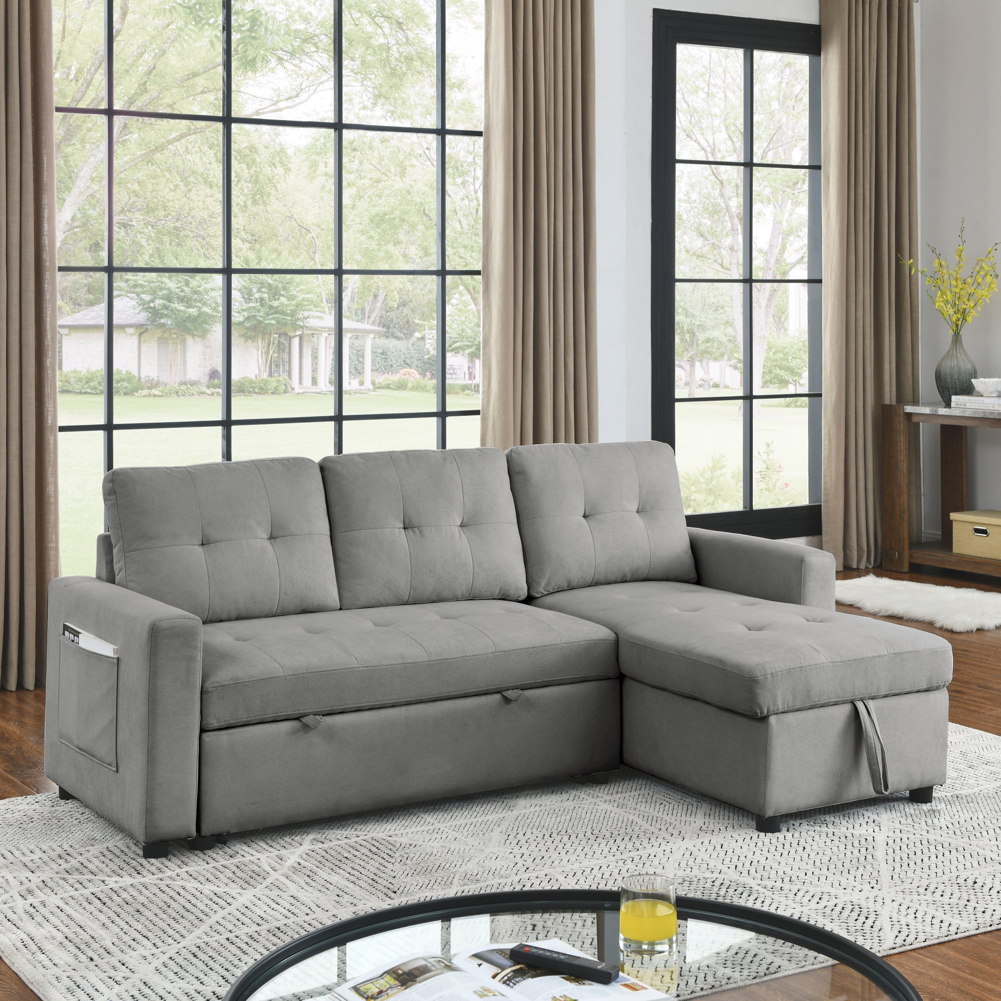 Mh 78.5" Sleeper Sofa Bed Reversible Sectional Couch With Storage Chaise And Side Storage Bag For Small Space Living Room Furniture Set Grey Primary Living Space Eucalyptus Polyester Fabric