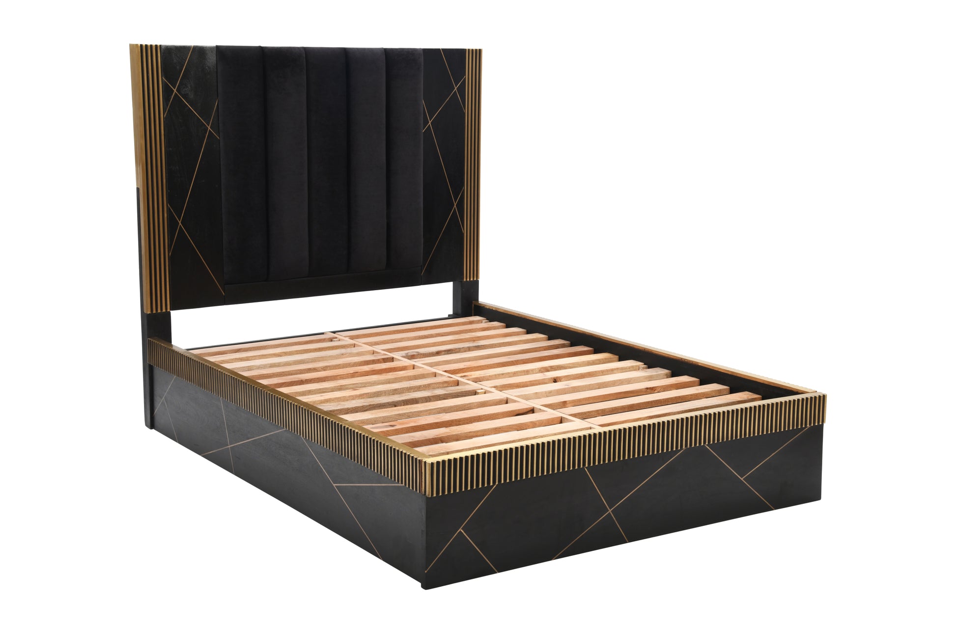 Allure Modern Style Queen Bed Made With Mango Wood And Finished With Brass Metal Box Spring Not Required Queen Black Wood Bedroom Contemporary,Modern Wood