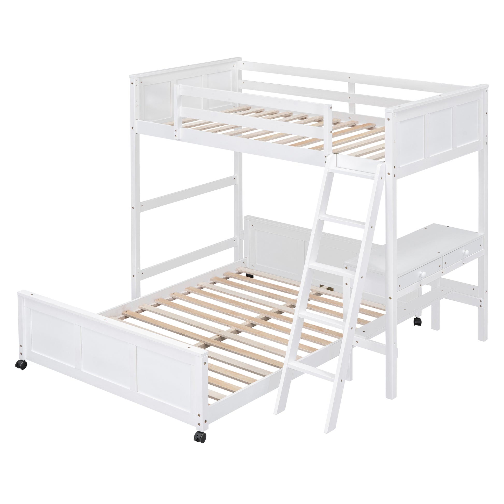 Twin Over Full Bunk Bed With Desk, White White Solid Wood Mdf