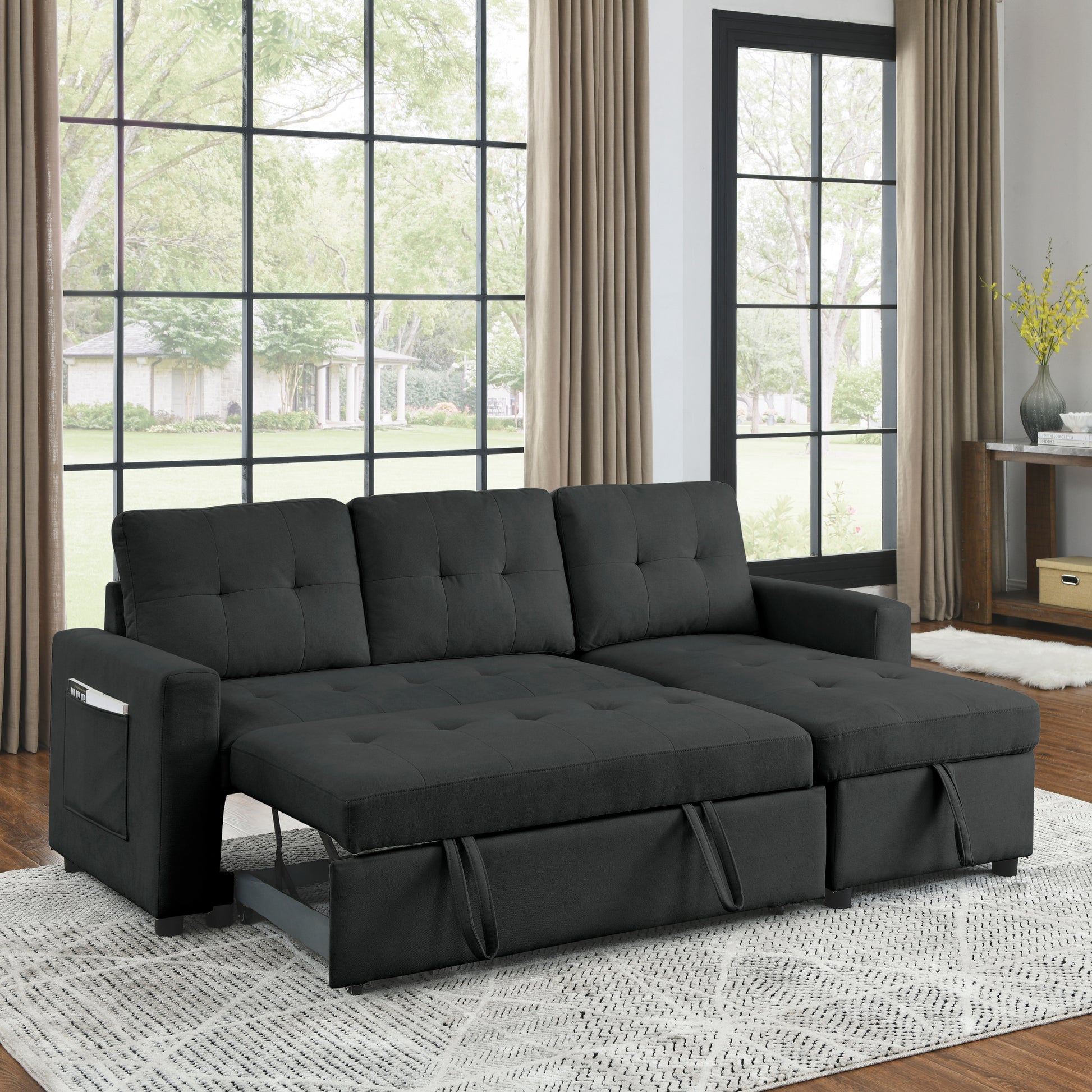 Mh 78.5" Sleeper Sofa Bed Reversible Sectional Couch With Storage Chaise And Side Storage Bag For Small Space Living Room Furniture Set Black Primary Living Space Eucalyptus Polyester Fabric