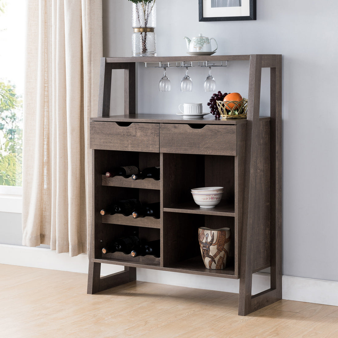 Wine Display Cabinet, Wine Rack With Multi Storage &Three Wine Bottle Compartments In Walnut Oak Grey Particle Board