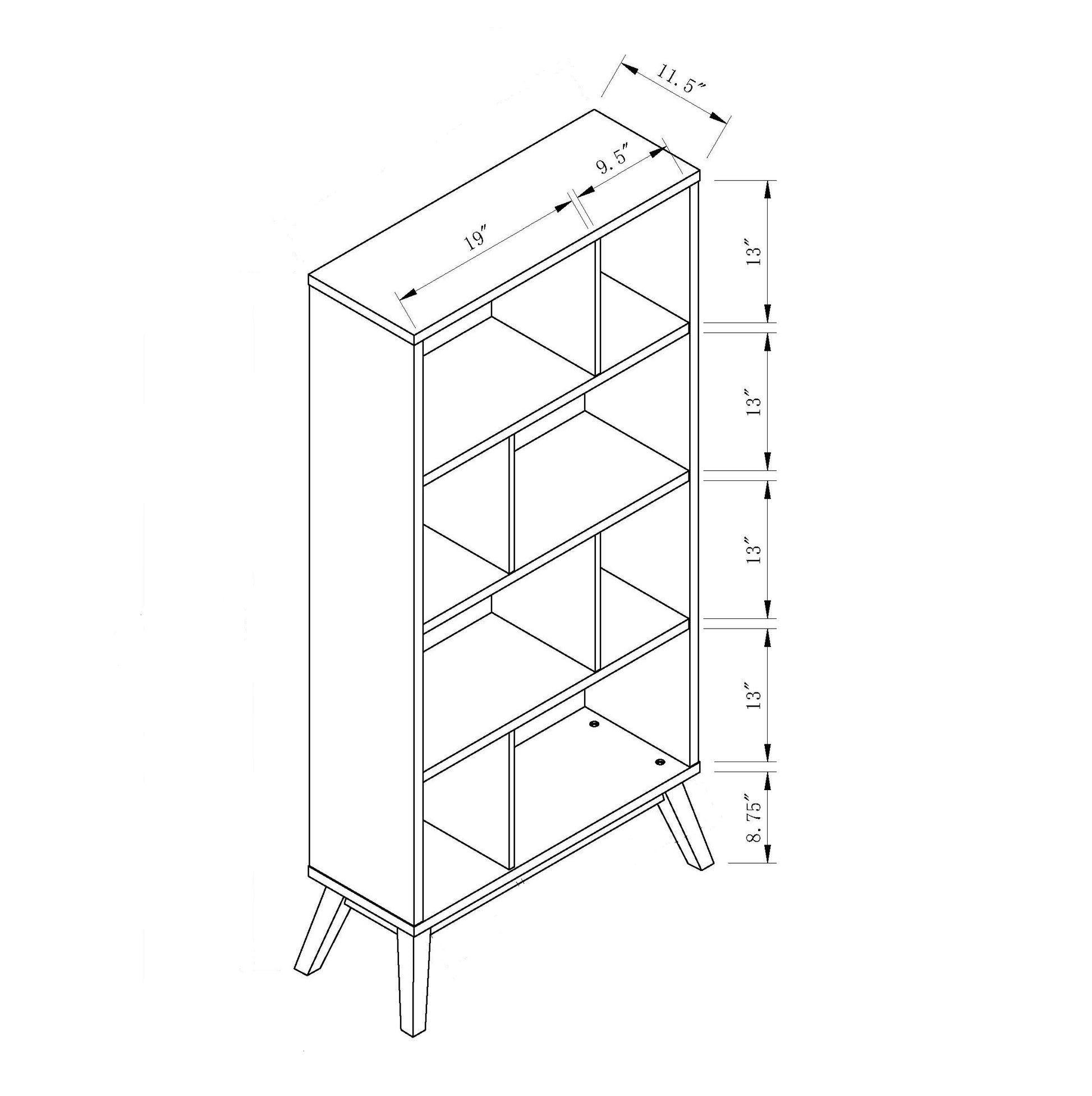 White Two Tone Weathered White Bookcase Display Cabinet Flared Legs Open Back Four Shelves Dividers White Particle Board Mdf