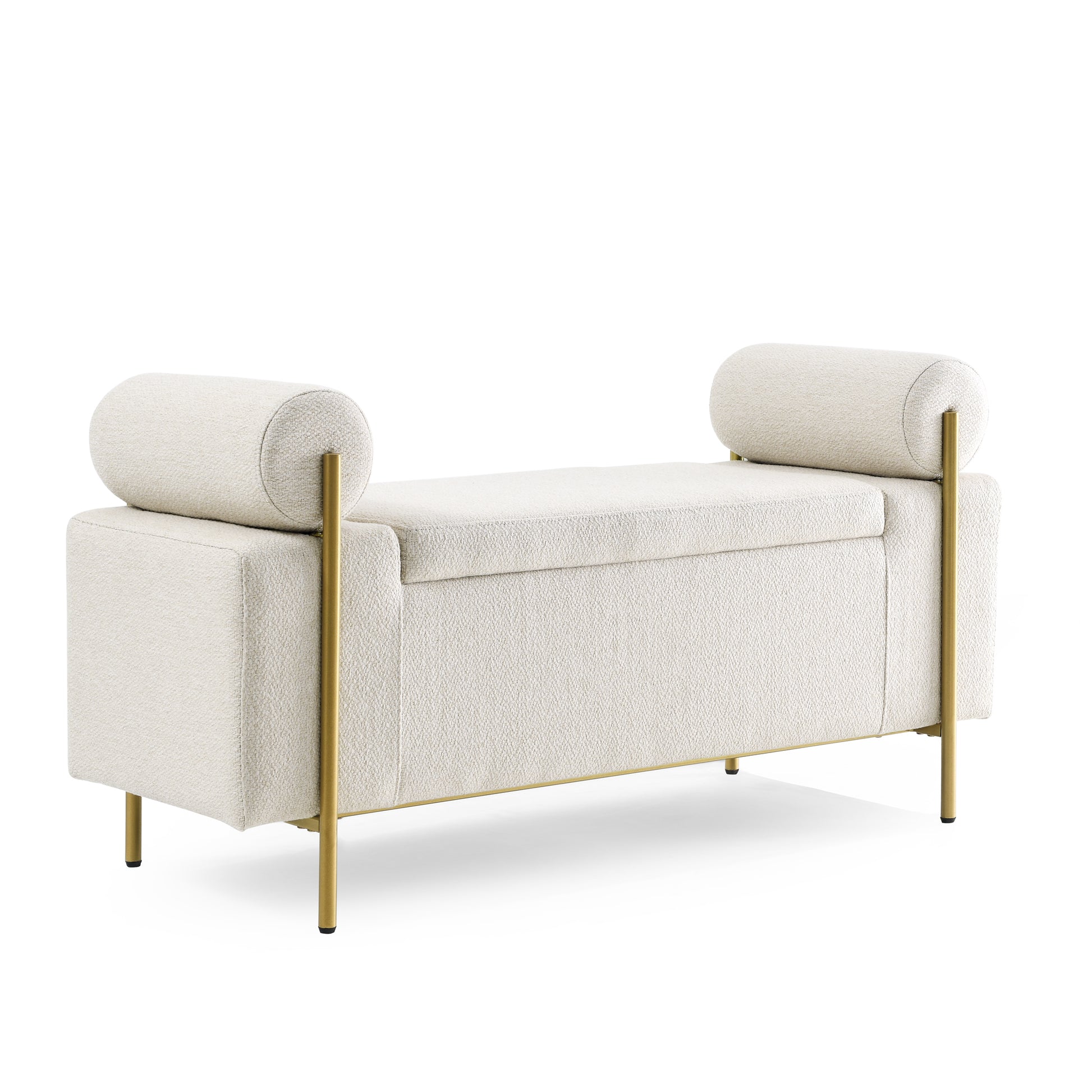 Elegant Upholstered Linen Storage Bench With Cylindrical Arms And Iron Legs For Hallway Living Room Bedroom, Beige Beige Foam