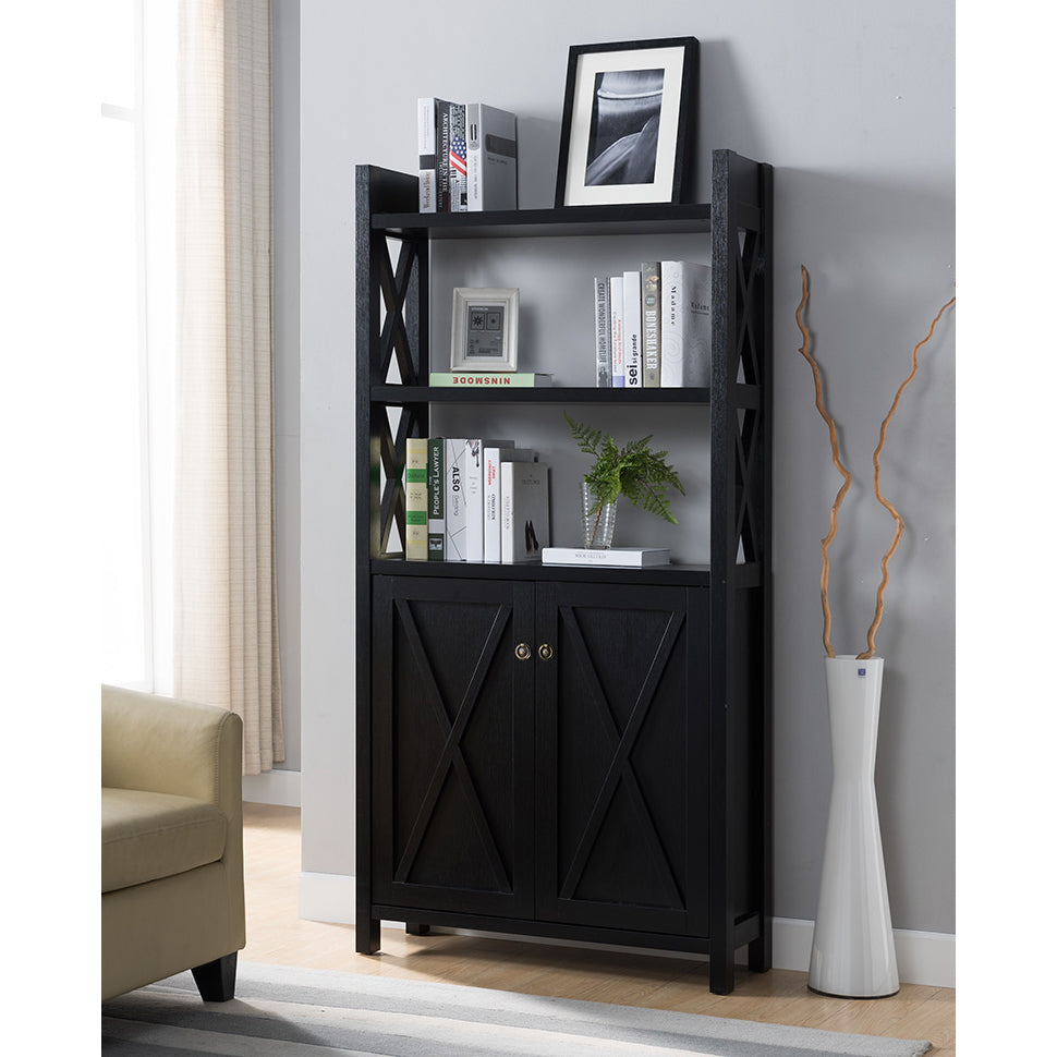 Crosshatch Display, Home Storage Cabinet With Two Top Shelves, Two Door Cabinet In Black Black Particle Board