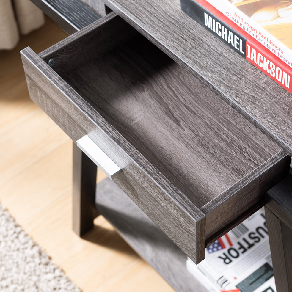 Modern Hallway Display Table With Drawer & Bottom Shelve In Distressed Grey & Black Grey Particle Board