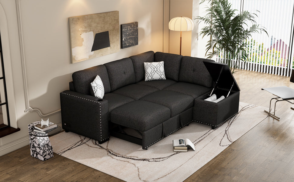 83.8" Sectional Pull Out Sofa Bed L Shaped Corner Sofa Couch With Storage Chaise, Usb Ports, Power Sockets, Cup Holder For Living Room, Bedroom, Study, Black Black Foam Chenille