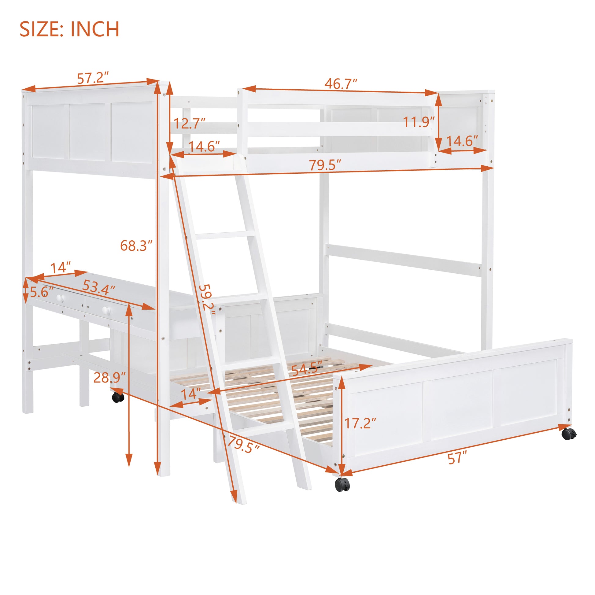 Full Over Full Bunk Bed With Desk, White White Solid Wood Mdf