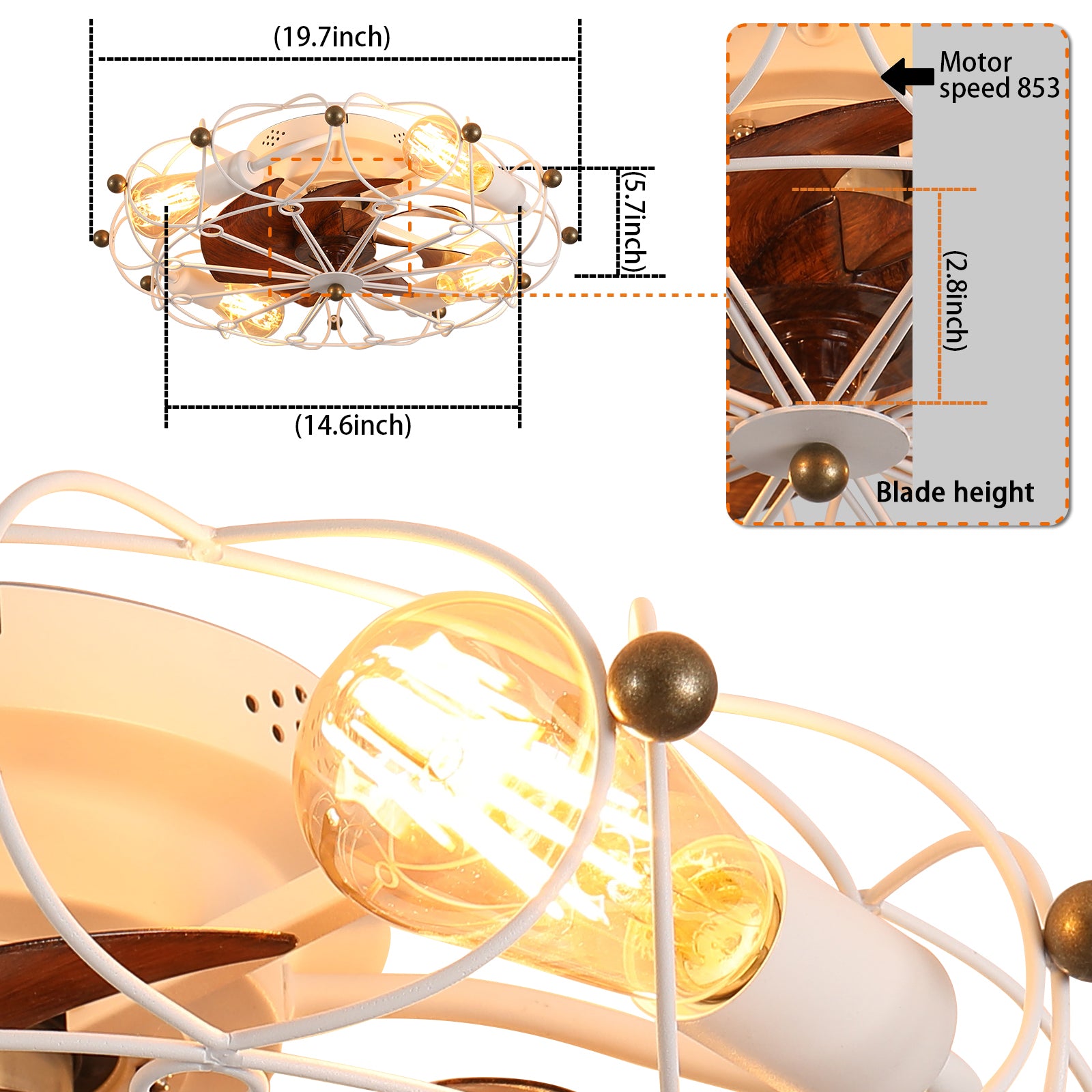 Low Profile Caged Ceiling Fan With Lights Remote Control, Embedded Modern Industrial Ceiling Fan White Modern Abs