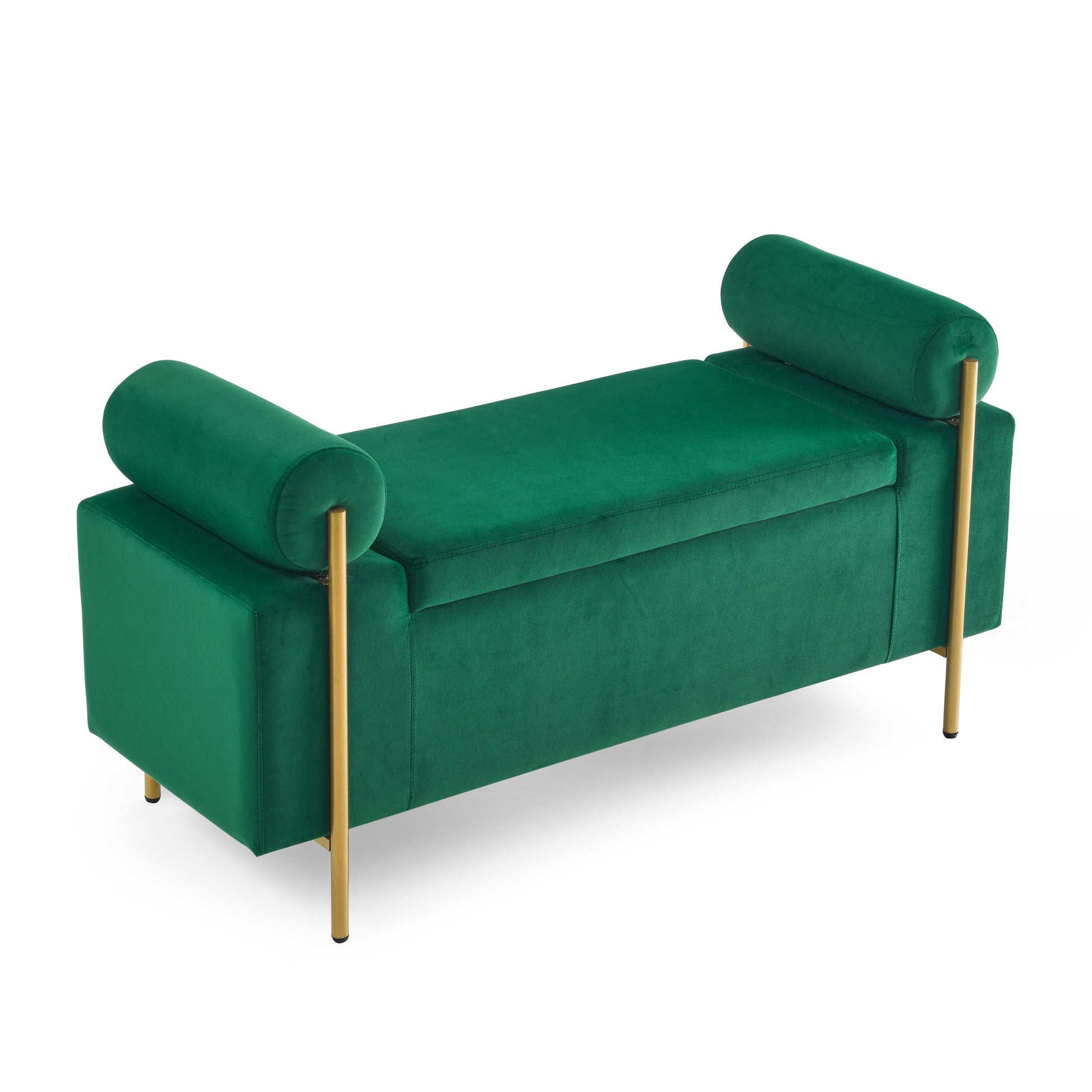 Elegant Upholstered Velvet Storage Bench With Cylindrical Arms And Iron Legs For Hallway Living Room Bedroom, Green Green Foam