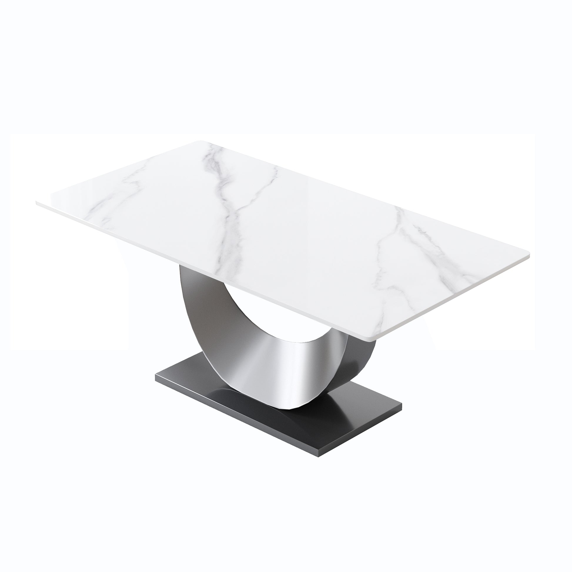70.87" Modern Artificial Stone White Crescent Shaped Black Metal Legs Can Accommodate 6 8 People. White Metal Sintered Stone