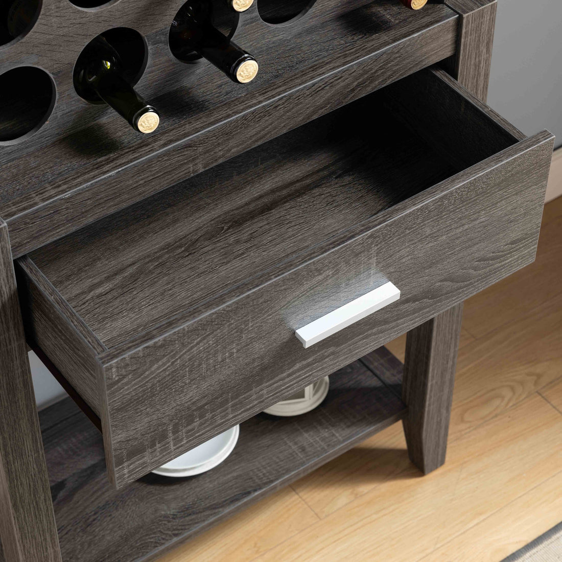 Wine Bar Cabinet, Kitchen Storage Cabinet With Drawer And Open Shelves, Distressed Grey Grey Particle Board