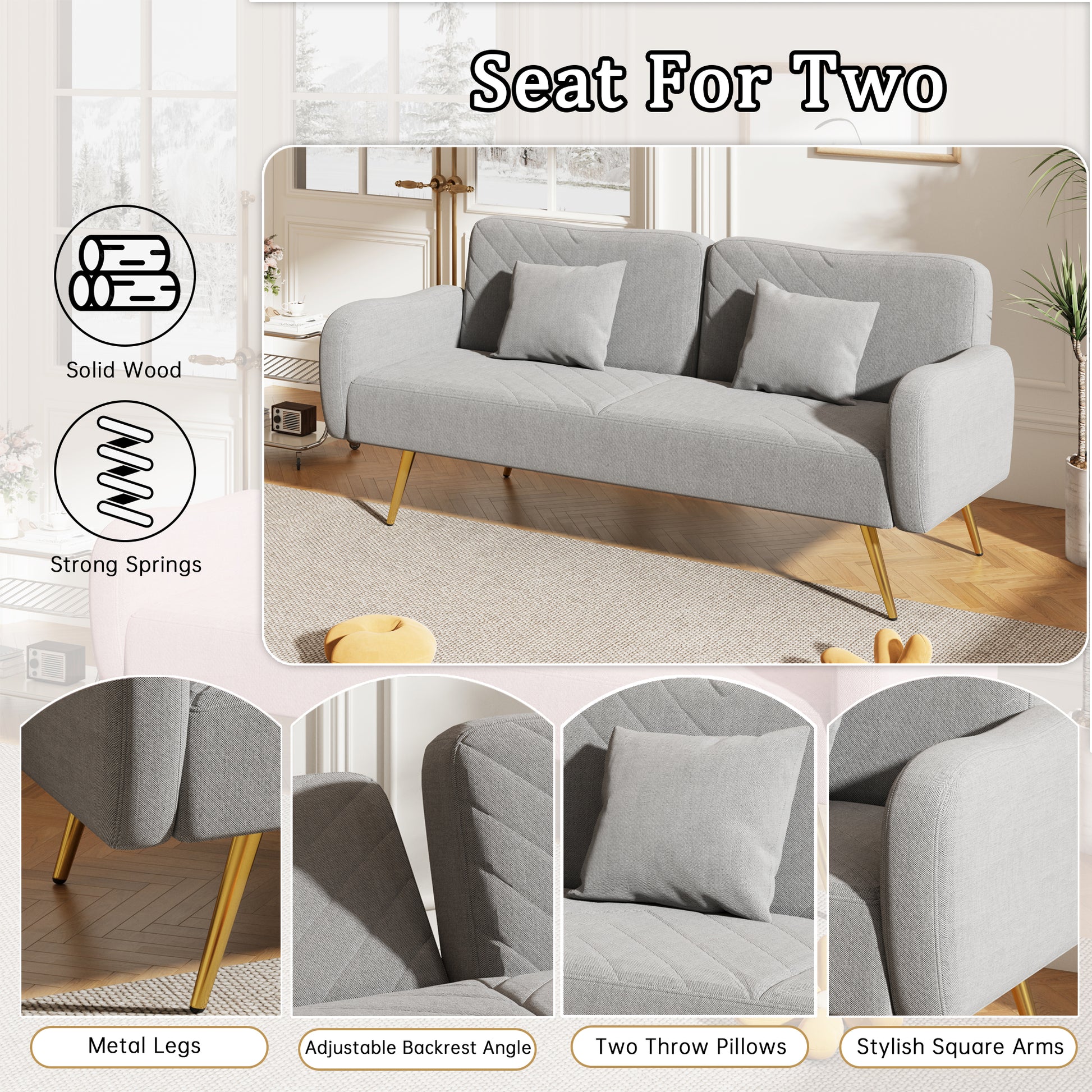 70.47" Gray Fabric Double Sofa With Split Backrest And Two Throw Pillows,Suitable For Living Room, Apartment, Home Office Grey Wood Primary Living Space Eucalyptus Square Arms Foam Fabric 2 Seat