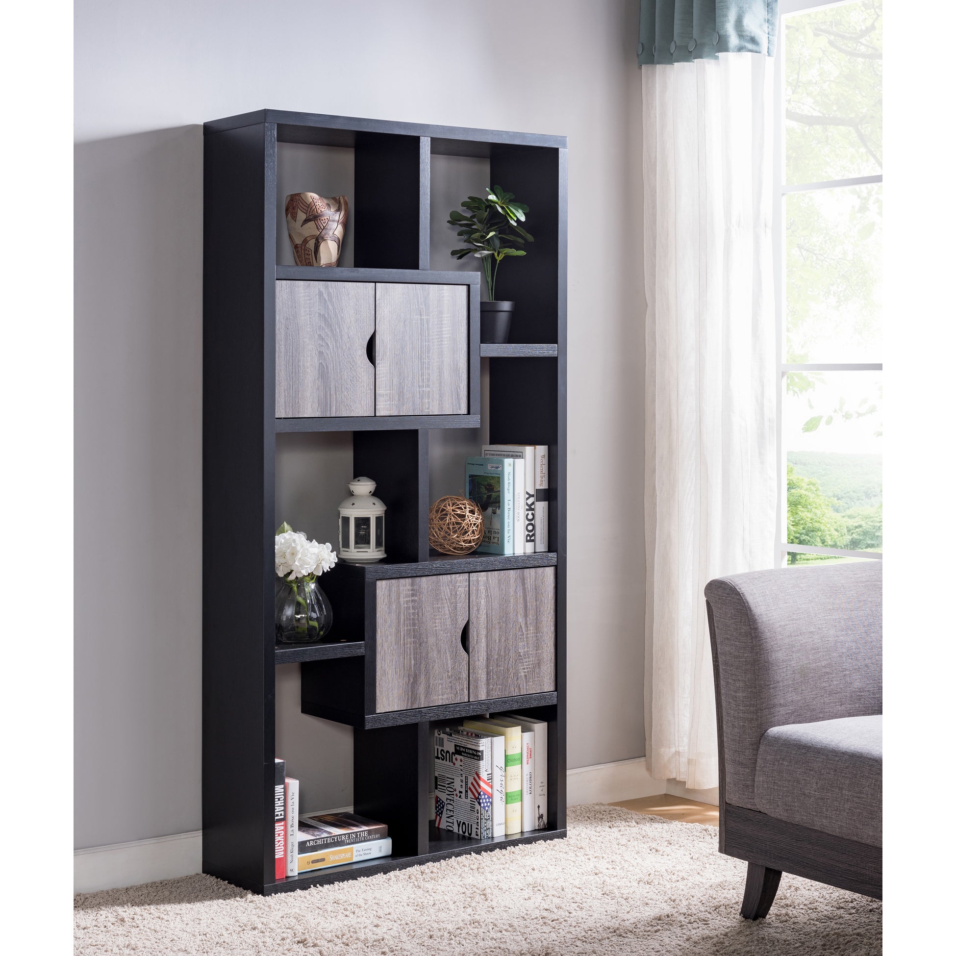 Two Toned Display Cabinet, Two Door Bookcase Six Shelves In Black & Distressed Grey Black Particle Board