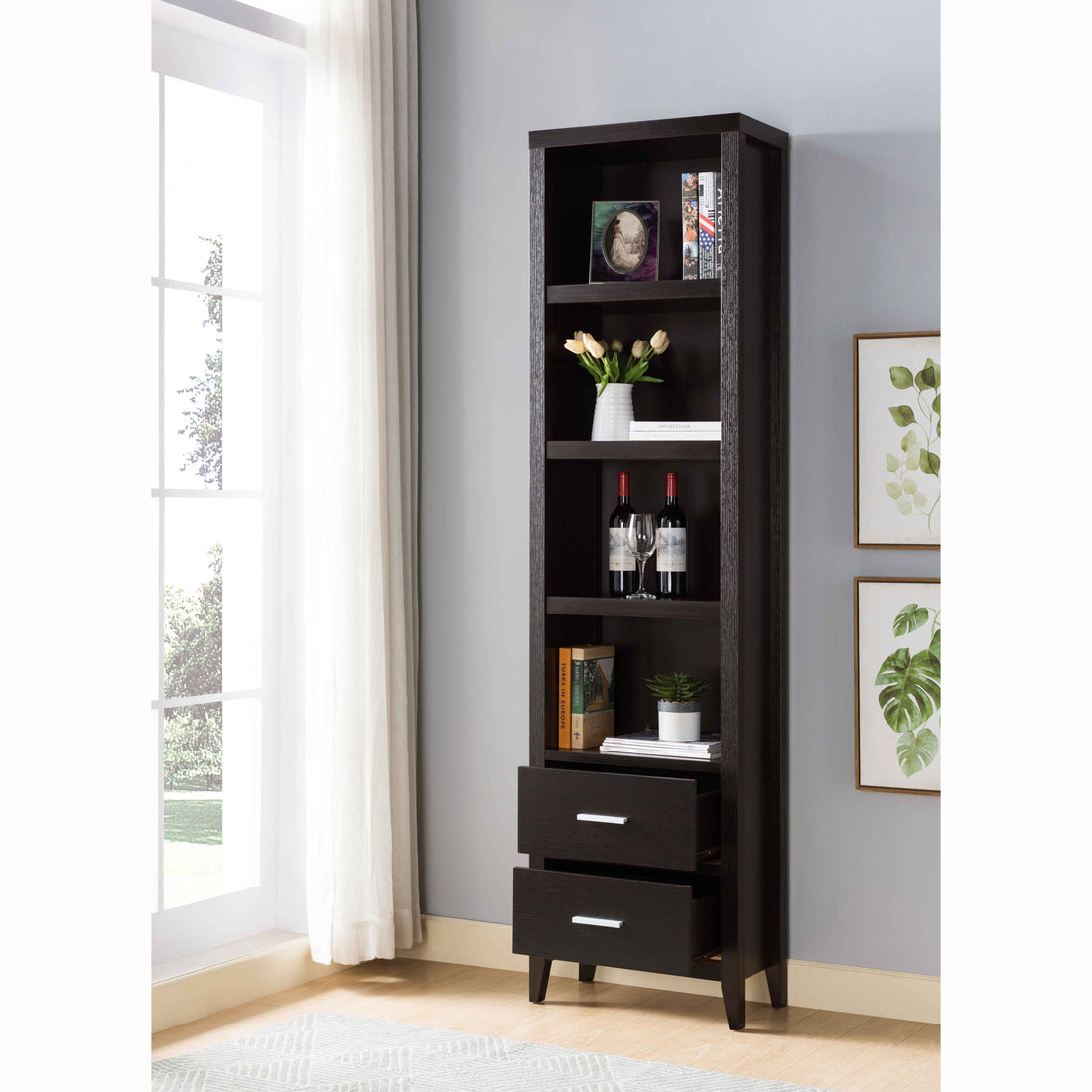 Media Pier, Display Cabinet With Four Open Shelves And Two Bottom Drawers In Red Cocoa Espresso 39 Inches Or Less Particle Board
