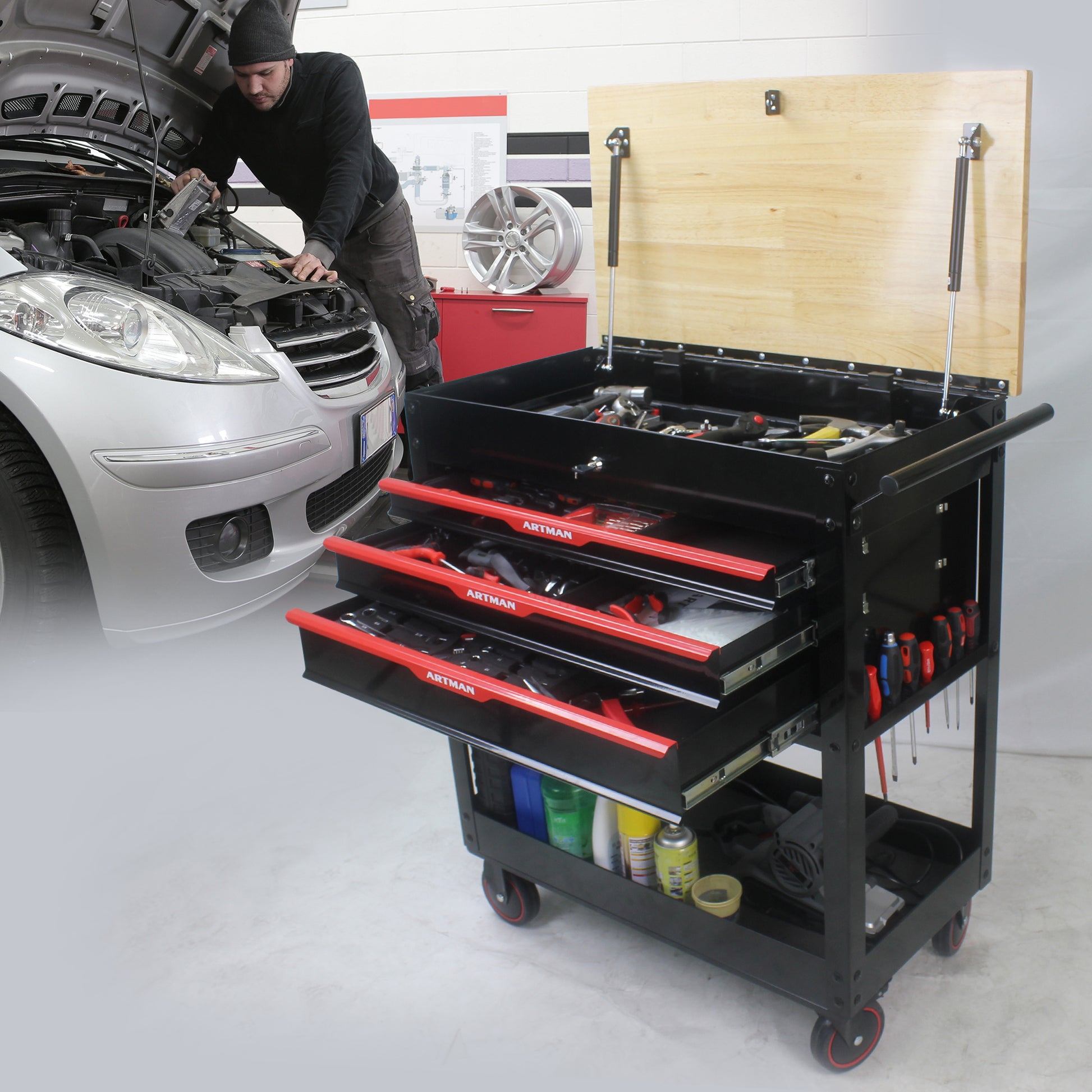 3 Drawers Multifunctional Tool Cart With Wheels And Wooden Top Black Red Metal