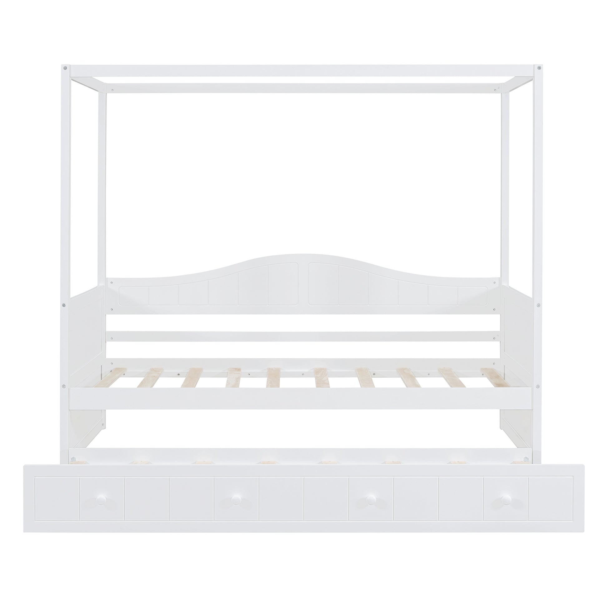 Twin Size Canopy Day Bed With Twin Size Trundle, White White Solid Wood Mdf