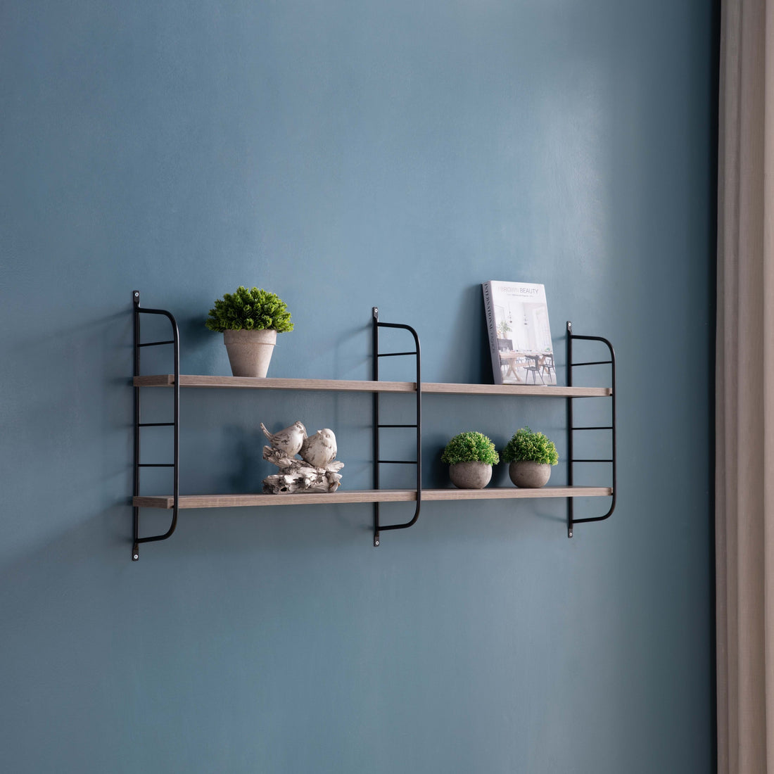 Mounted 2 Tier Display With Adjustable Shelves, Dark Taupe & Black Taupe Particle Board