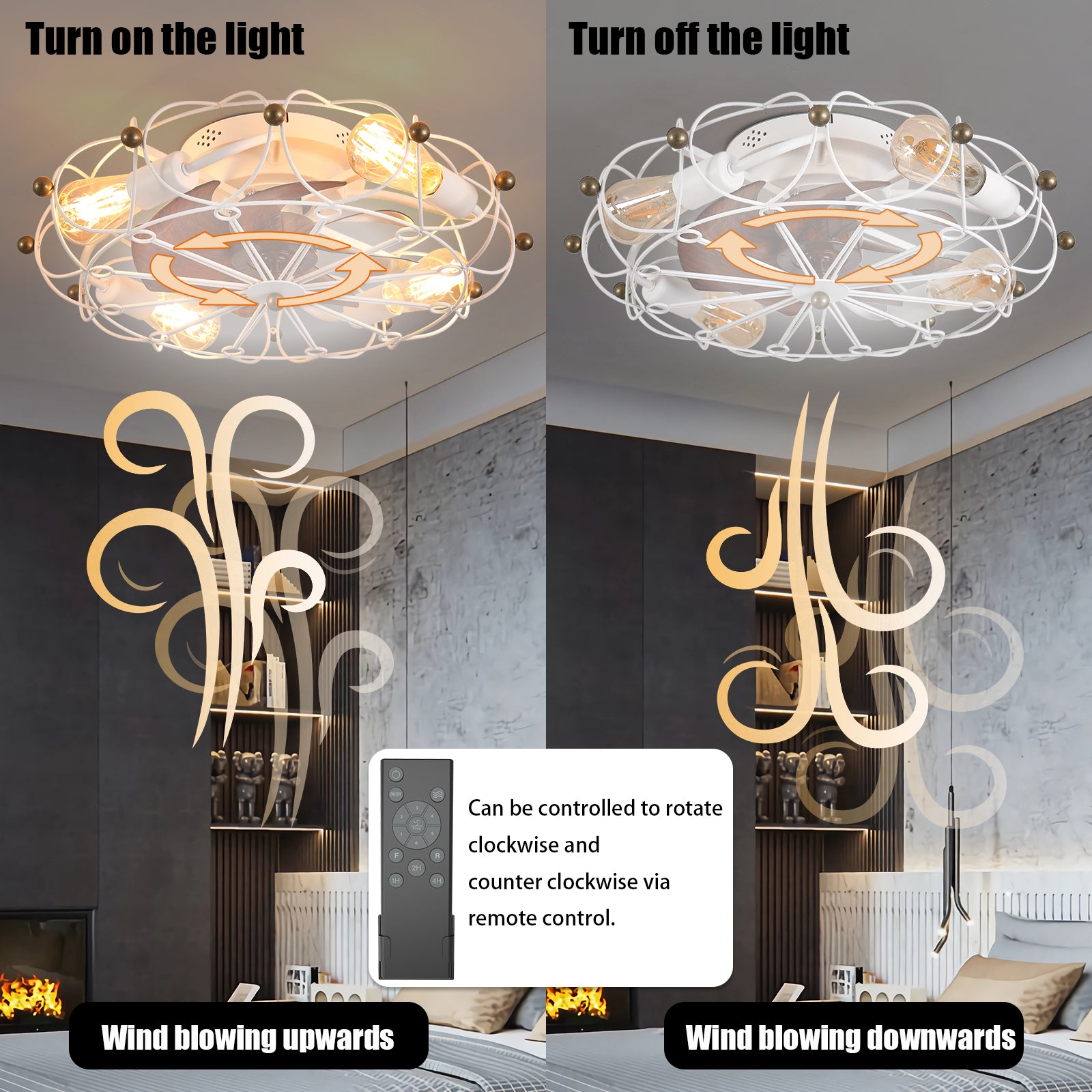 Low Profile Caged Ceiling Fan With Lights Remote Control, Embedded Modern Industrial Ceiling Fan White Modern Abs