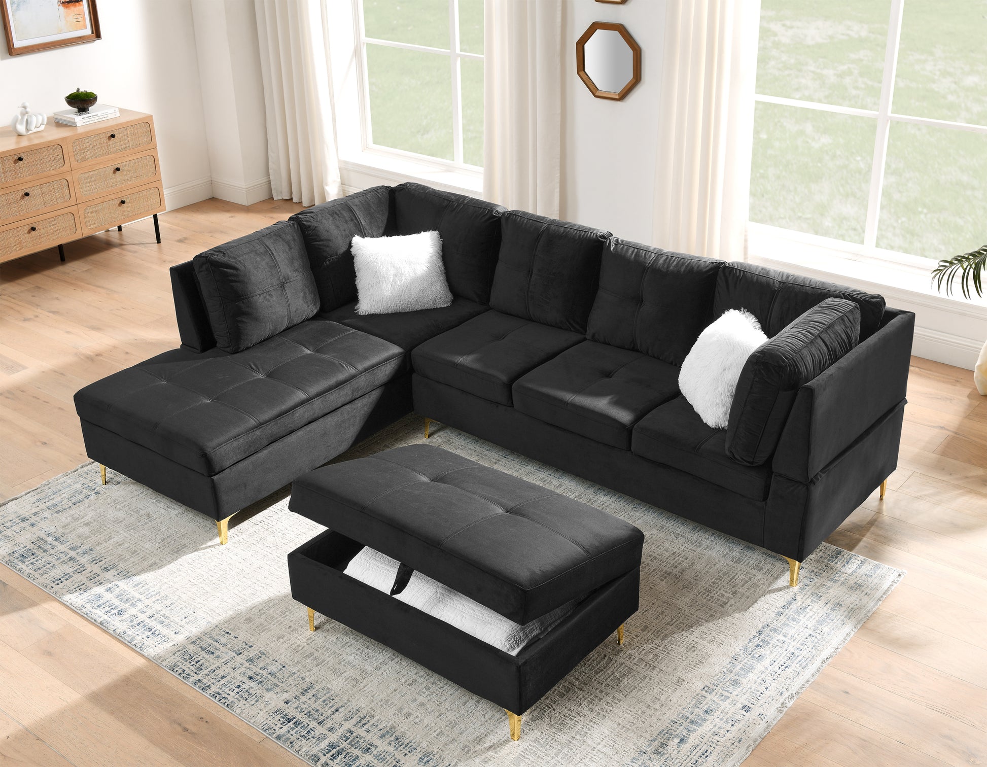 103" Velvet Sectional Sofa, L Shape Corner Couch With Storage Ottoman For Living Room, Black Fabric, Pocket Coil Spring In Seats, Chaise Face Left Black Velvet Wood Primary Living Space Medium Soft Pillow Back Classic L Shaped Pillow Top Arms Foam Velvet