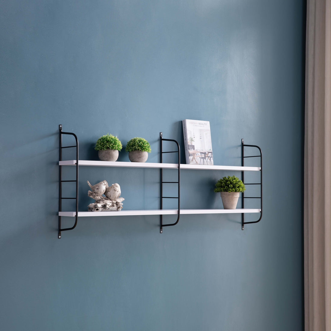 Mounted 2 Tier Display With Adjustable Shelves, White & Black White Particle Board