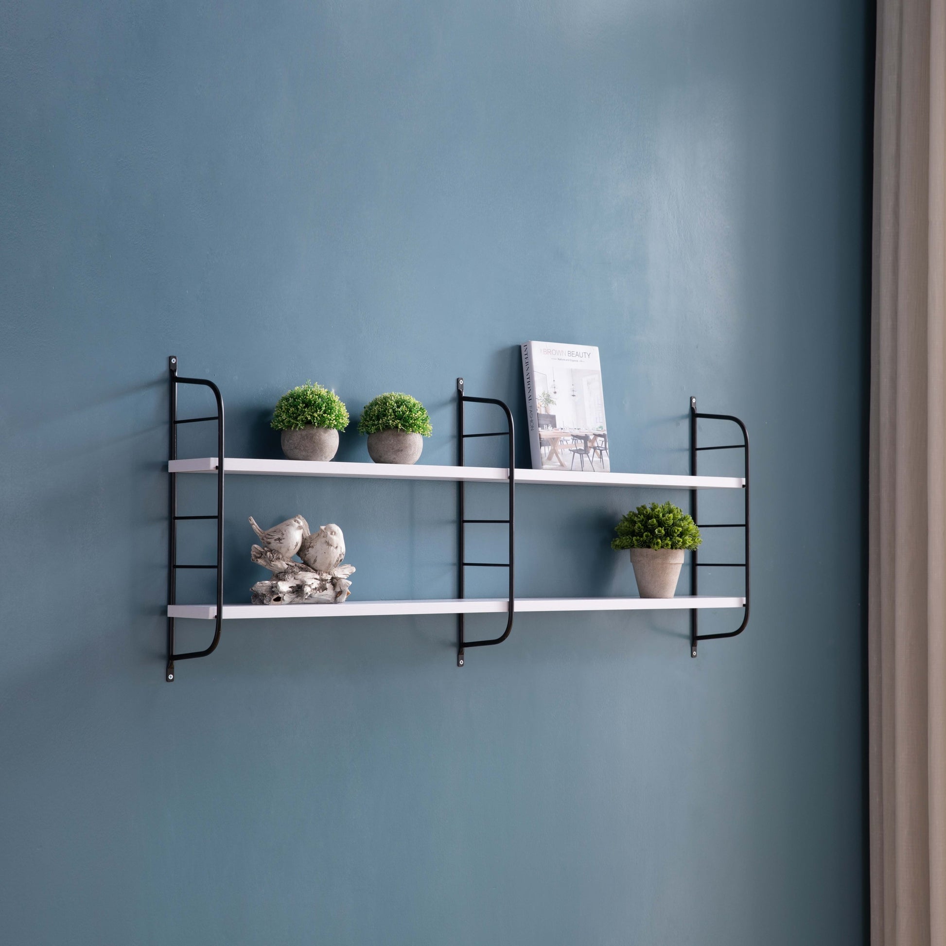 Mounted 2 Tier Display With Adjustable Shelves, White & Black White Particle Board