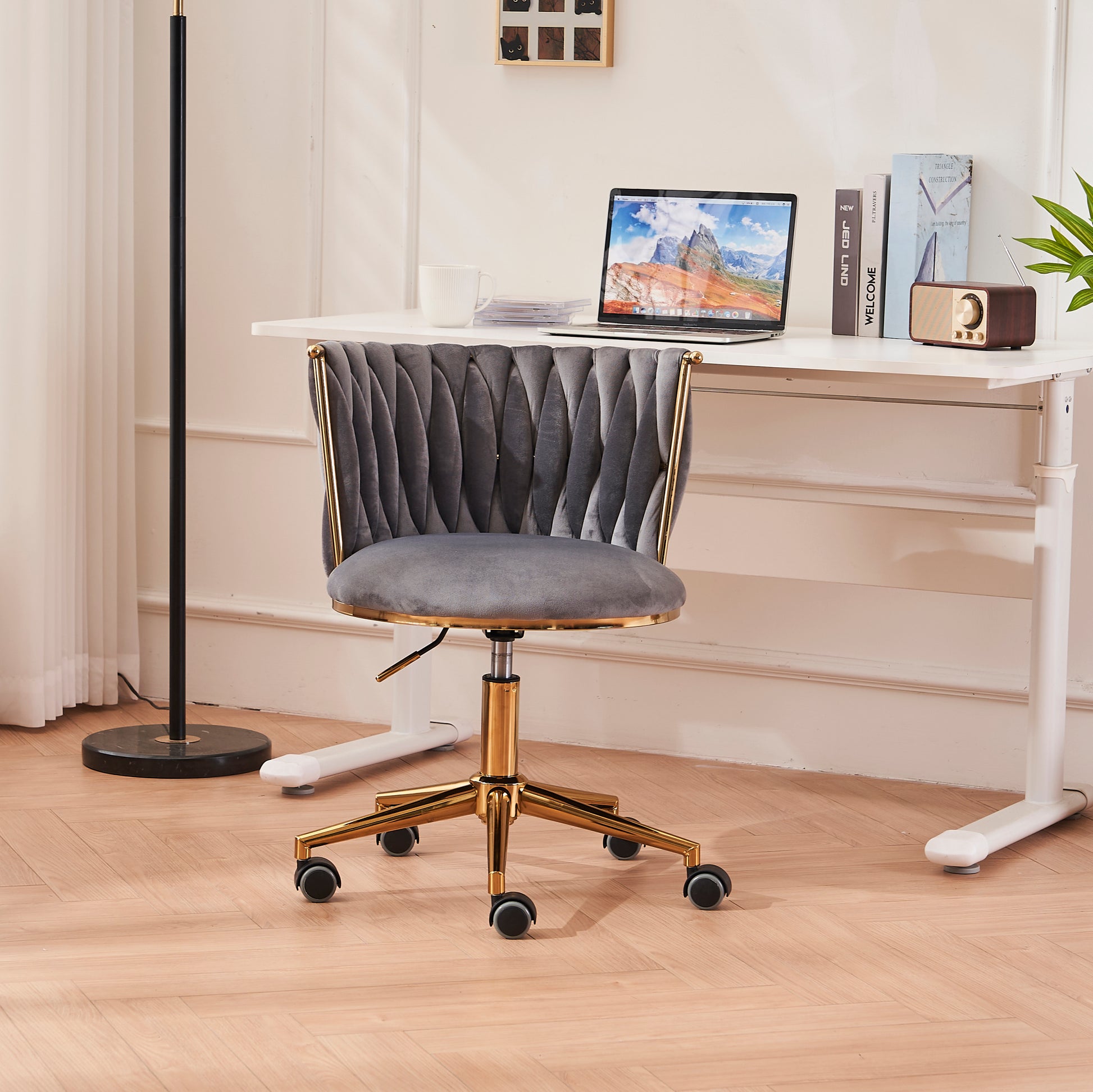 Office Desk Chair, Upholstered Home Office Desk Chairs With Adjustable Swivel Wheels, Ergonomic Office Chair For Living Room, Bedroom, Office, Vanity Study Dark Grey Dark Gray Office Modern Foam Velvet