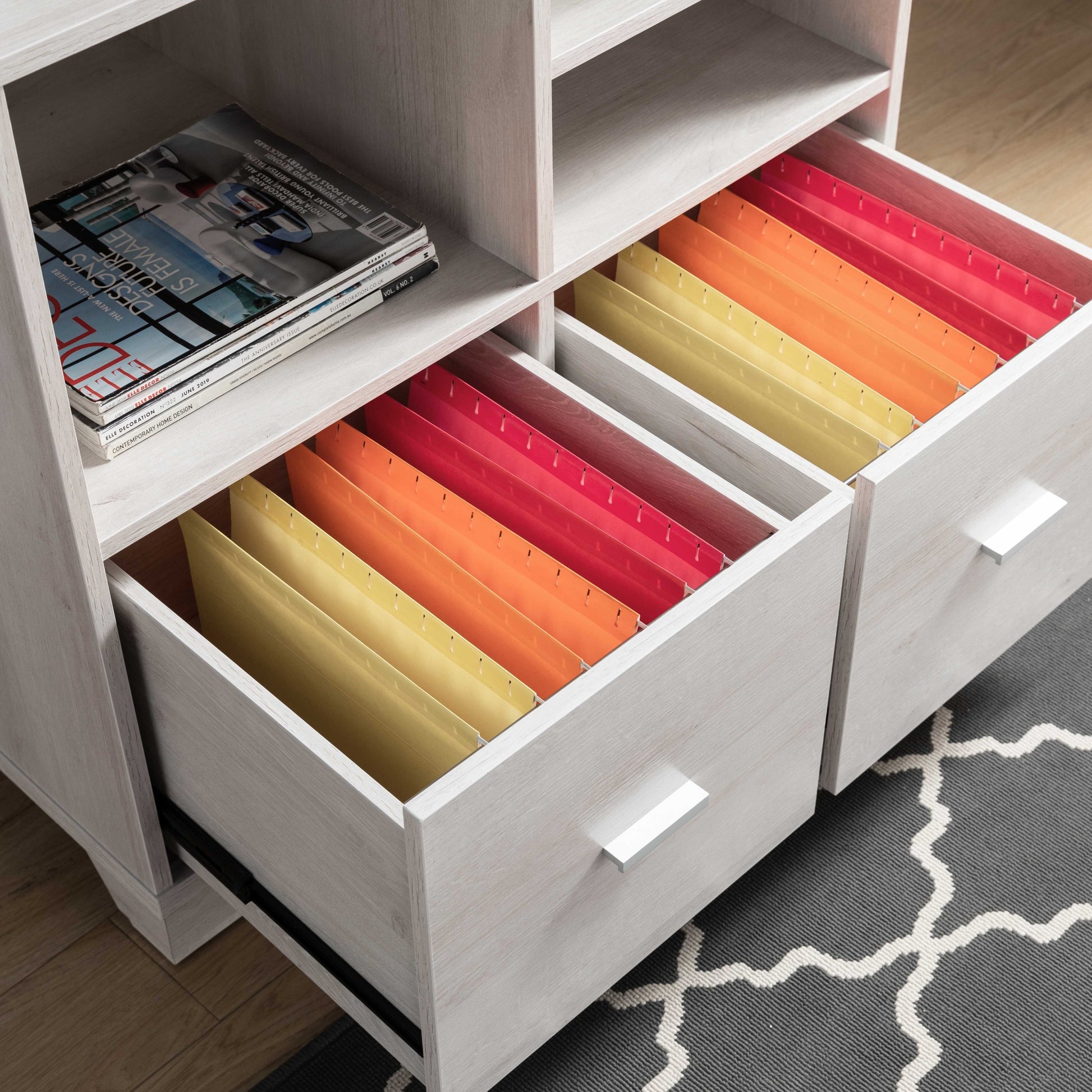 Home Office Printer Stand With Two File Cabinets And Open Shelving In White Oak White Oak Particle Board