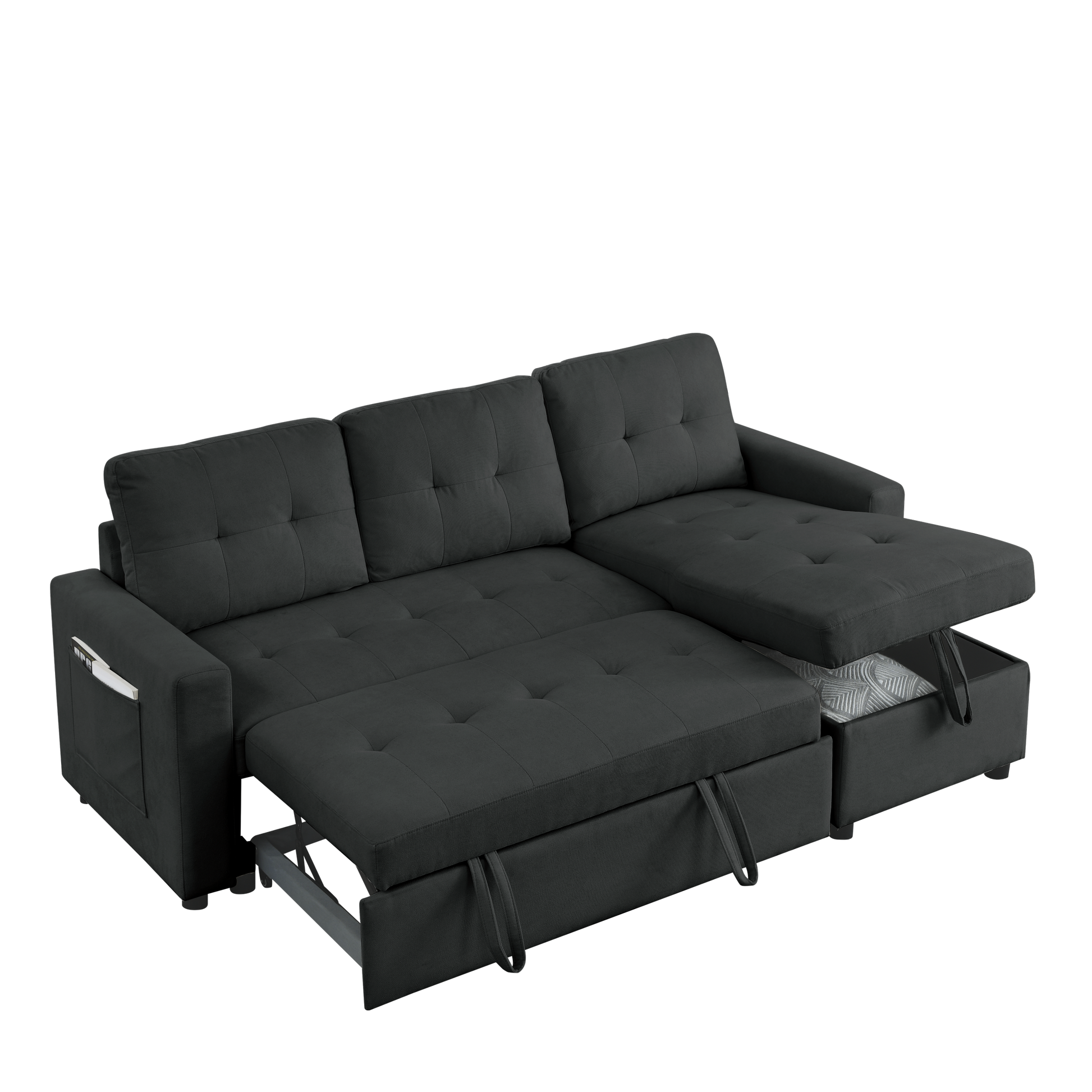 Mh 78.5" Sleeper Sofa Bed Reversible Sectional Couch With Storage Chaise And Side Storage Bag For Small Space Living Room Furniture Set Black Primary Living Space Eucalyptus Polyester Fabric