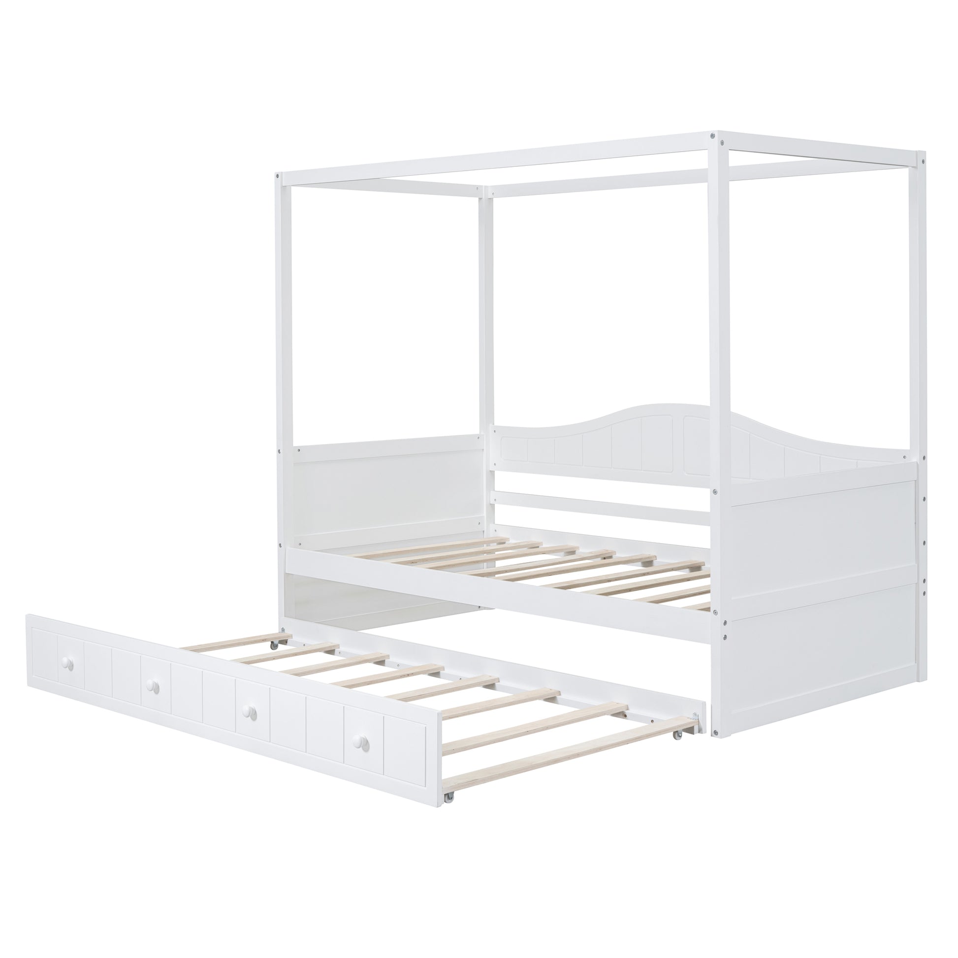 Twin Size Canopy Day Bed With Twin Size Trundle, White White Solid Wood Mdf