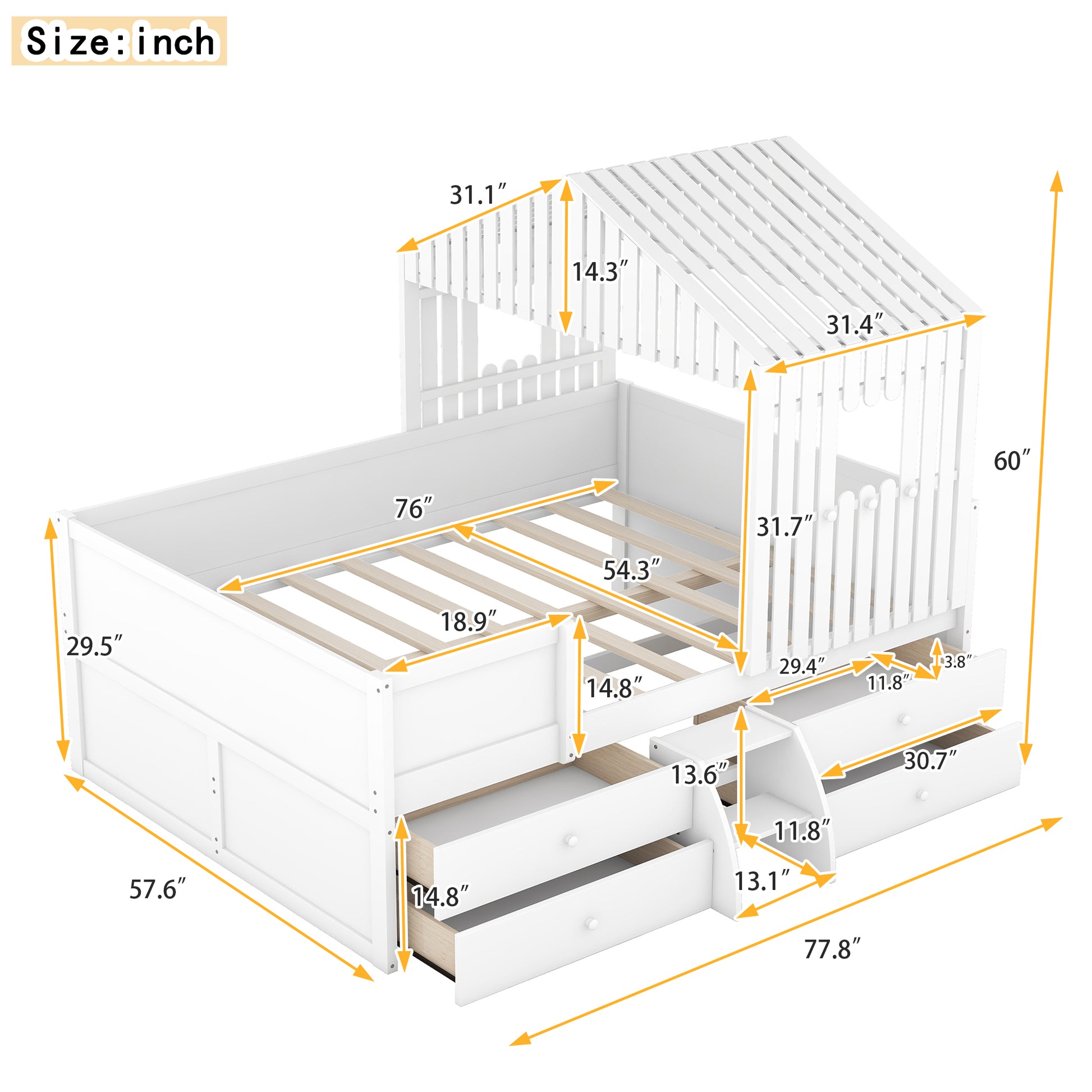 Full Size House Low Loft Bed With Four Drawers,White Box Spring Not Required White Wood Pine