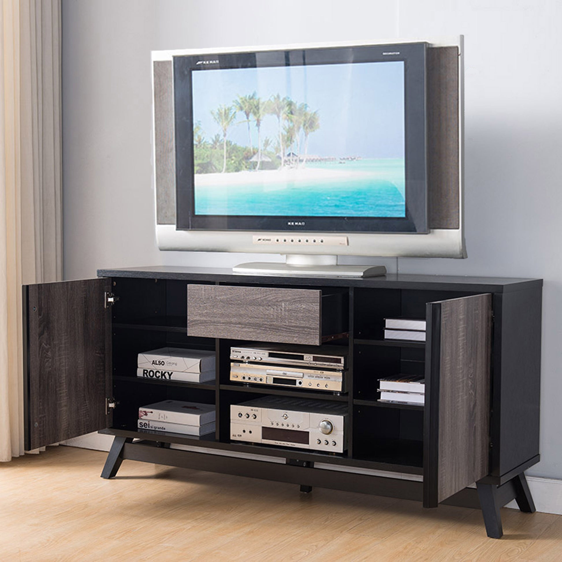 Black And Grey Sideboard Tv Stand Buffet With Two Doors One Drawer And Six Shelves Black Gray Particle Board Mdf