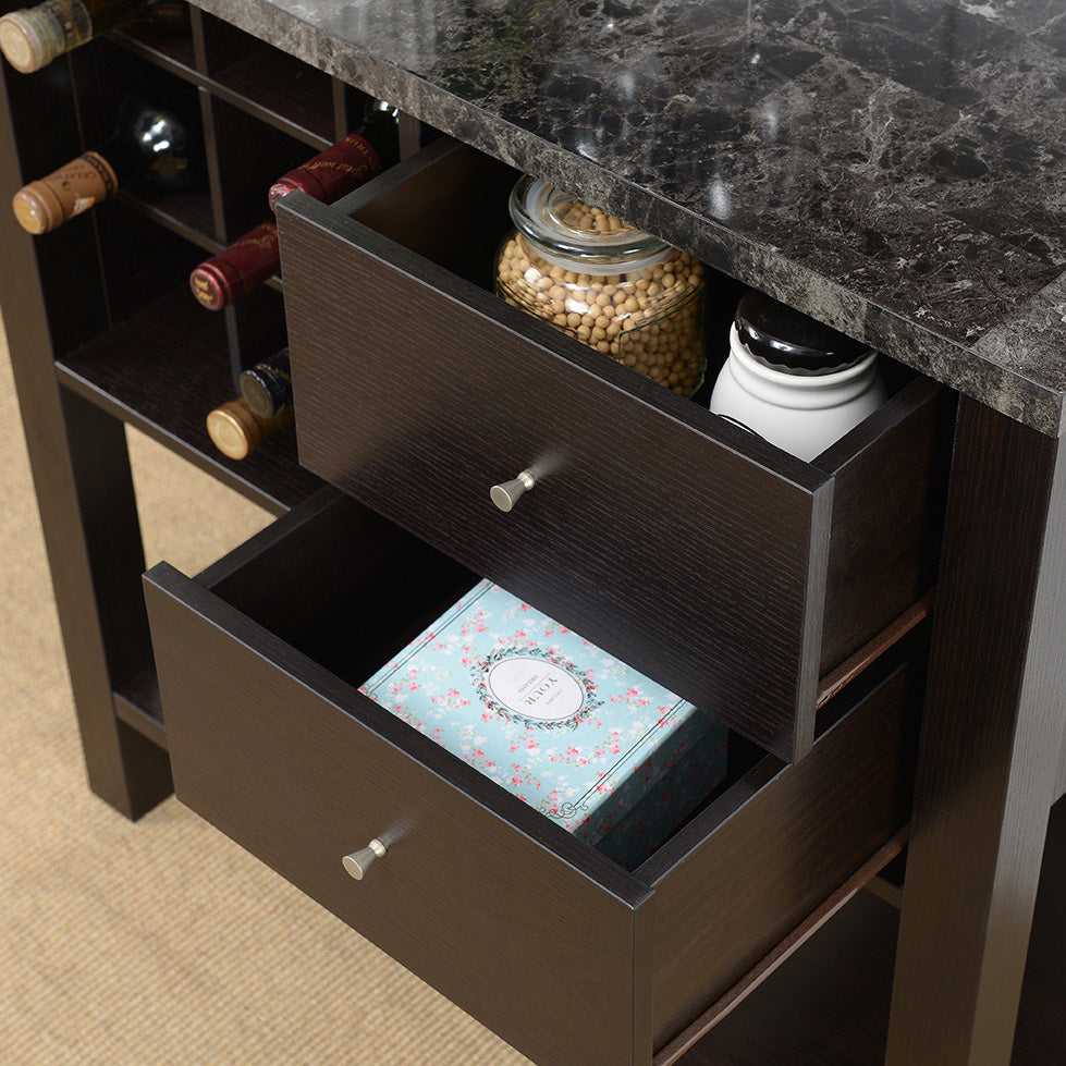 Marble Wood Bakers Cabinet With Three Display Shelves, Wine Compartment &Two Drawers Red Cocoa Espresso Particle Board