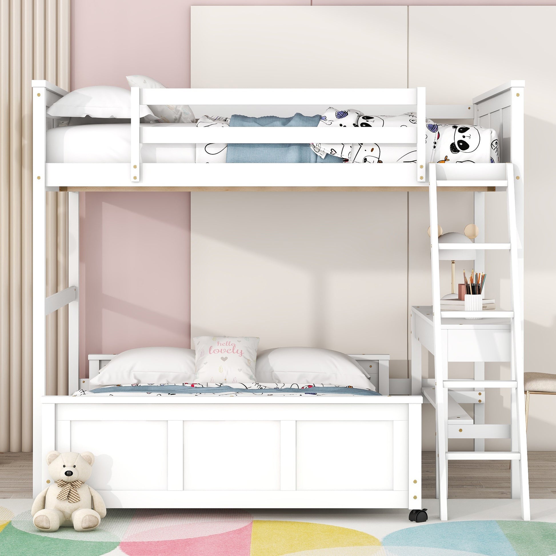 Full Over Full Bunk Bed With Desk, White White Solid Wood Mdf