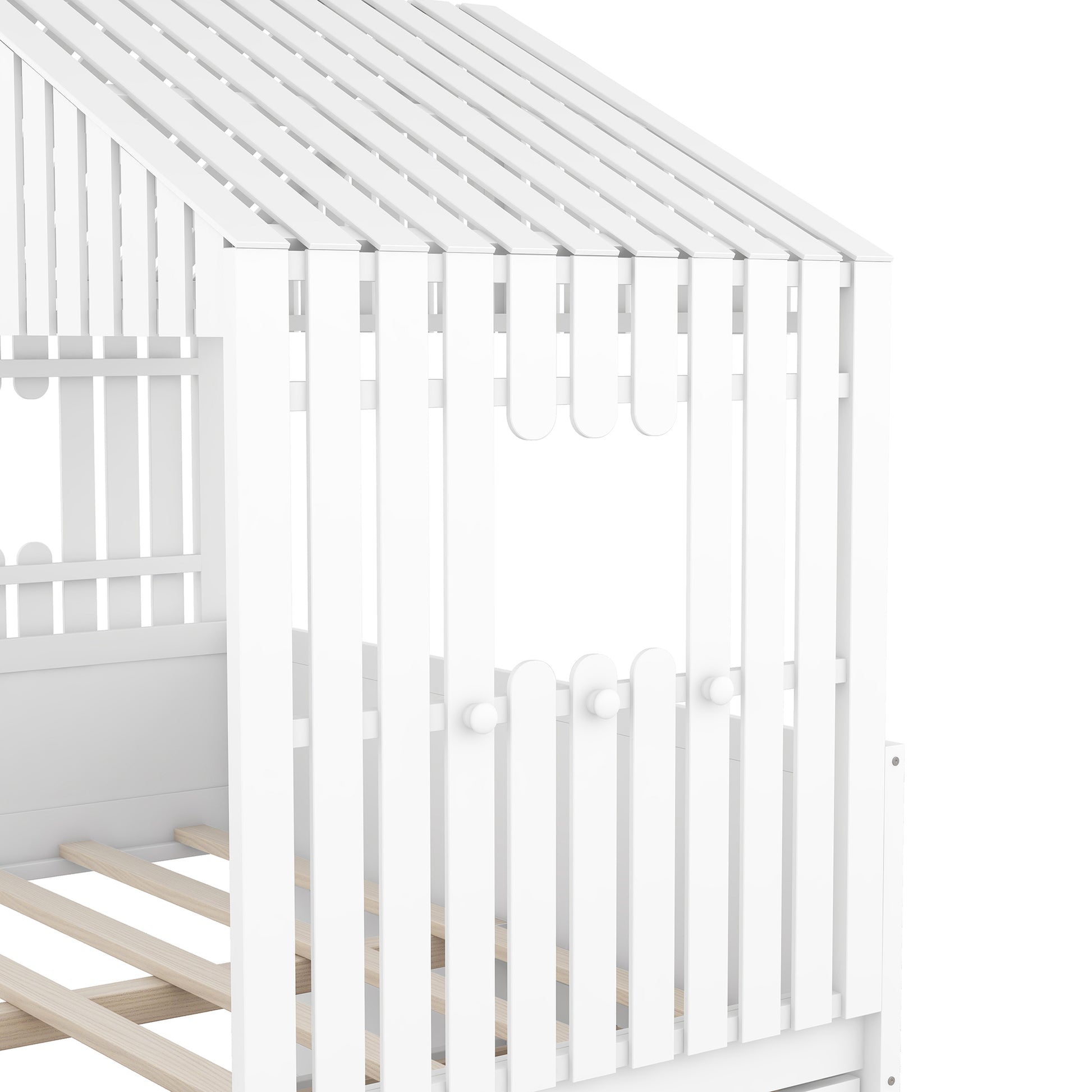 Full Size House Low Loft Bed With Four Drawers,White Box Spring Not Required White Wood Pine