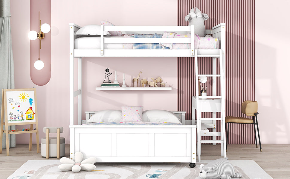 Twin Over Full Bunk Bed With Desk, White White Solid Wood Mdf