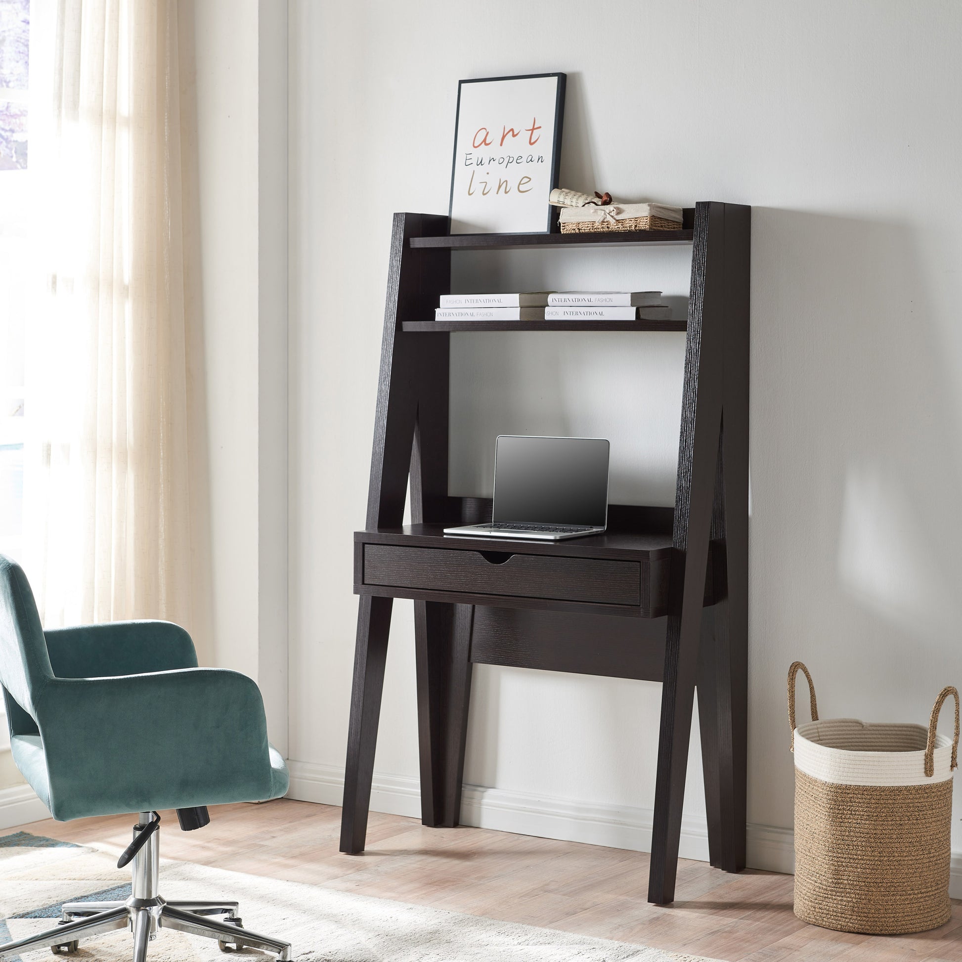 Ladder Desk, Home Office Study Desk With Drawer And Two Shelves In Red Cocoa Espresso Particle Board