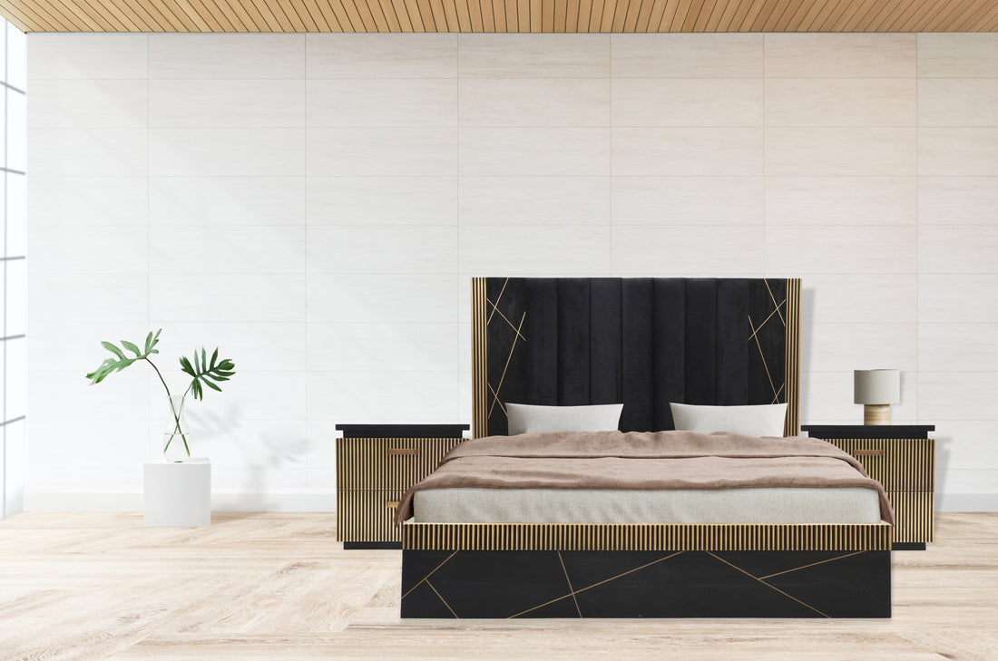 Allure Modern Style King Bed Made With Mango Wood And Finished With Brass Metal Box Spring Not Required King Black Wood Bedroom Contemporary,Modern Wood