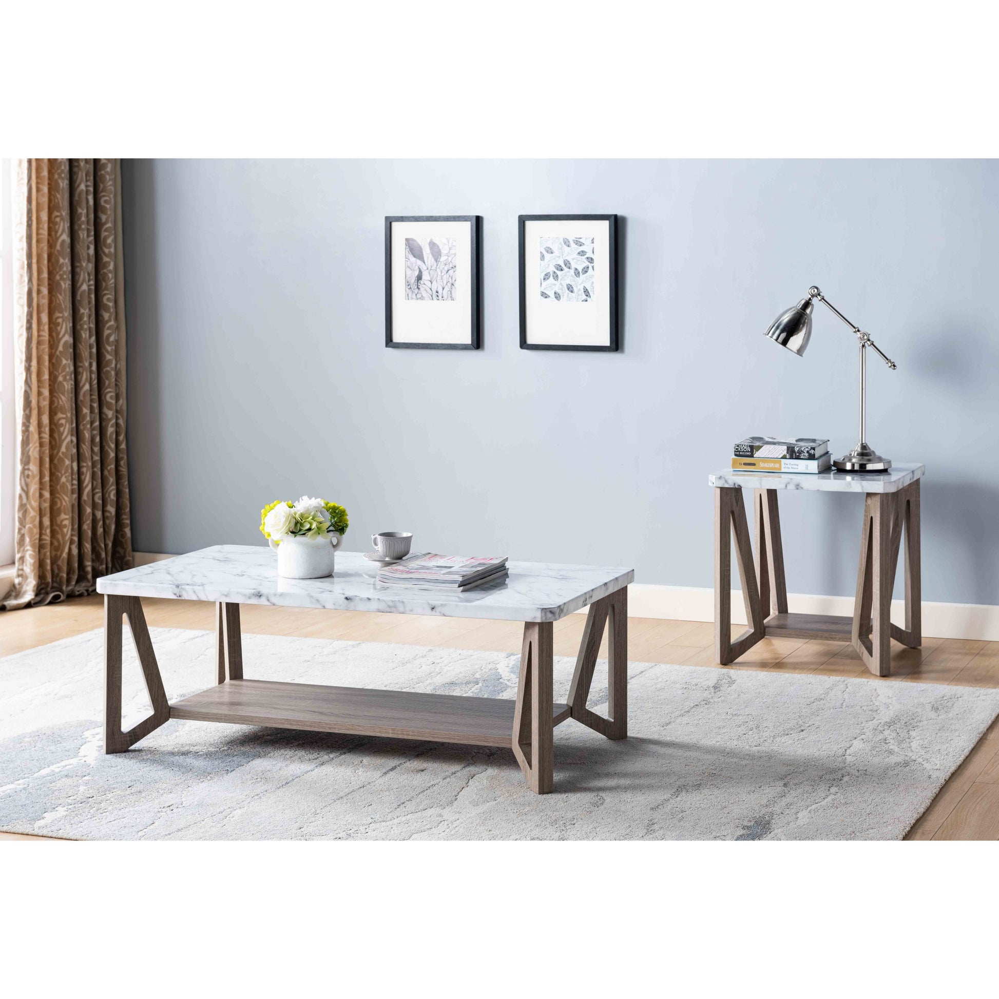 Marble Tabletop Home Accent Table, Modern End Table, Faux Marble White & Dark Taupe Taupe Particle Board