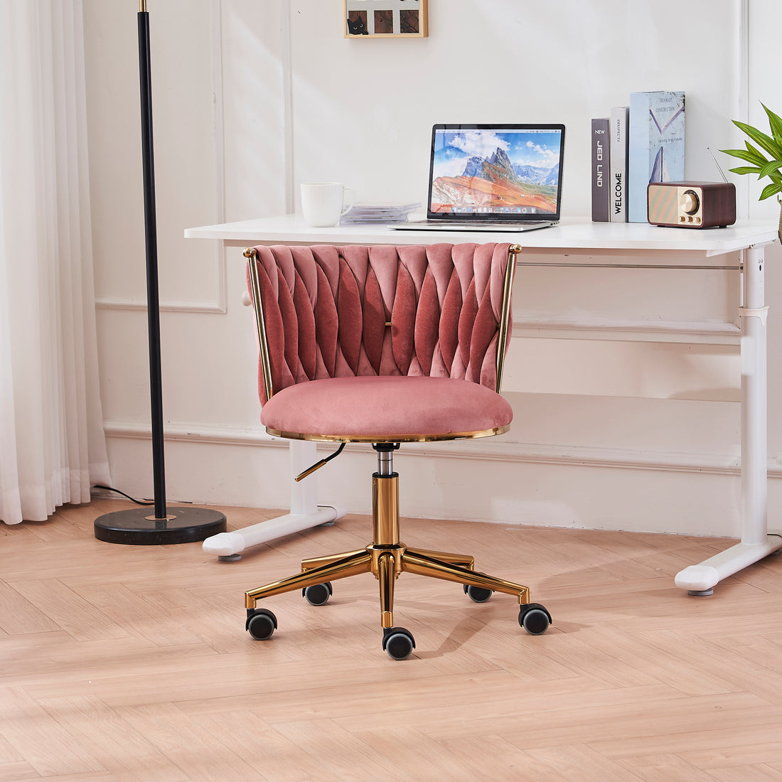Office Desk Chair, Upholstered Home Office Desk Chairs With Adjustable Swivel Wheels, Ergonomic Office Chair For Living Room, Bedroom, Office, Vanity Study Pink Pink Office Modern Foam Velvet